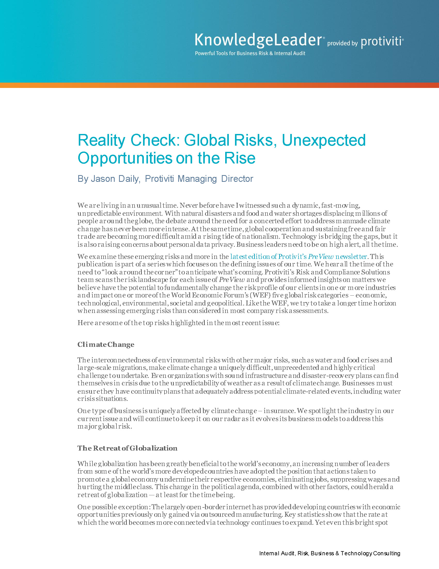 Screenshot of the first page of Reality Check Global Risks, Unexpected Opportunities on the Rise