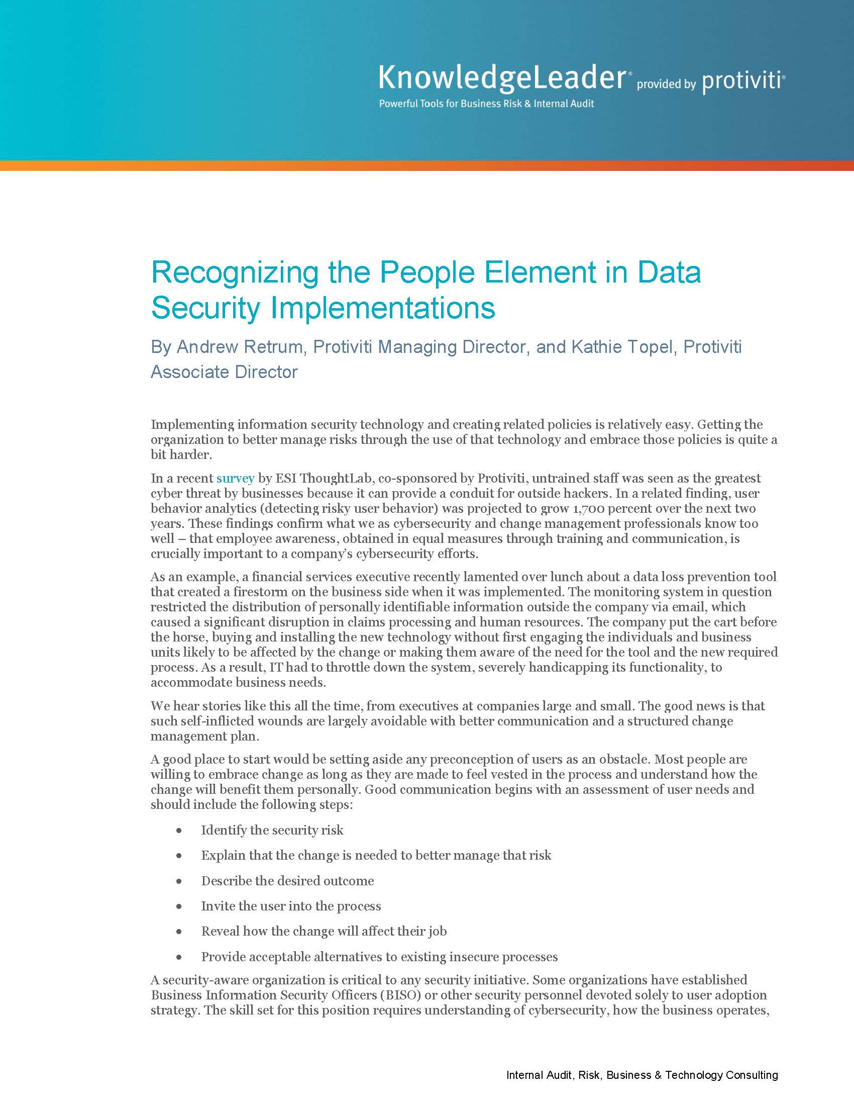 Screenshot of the first page of Recognizing the People Element in Data Security Implementations