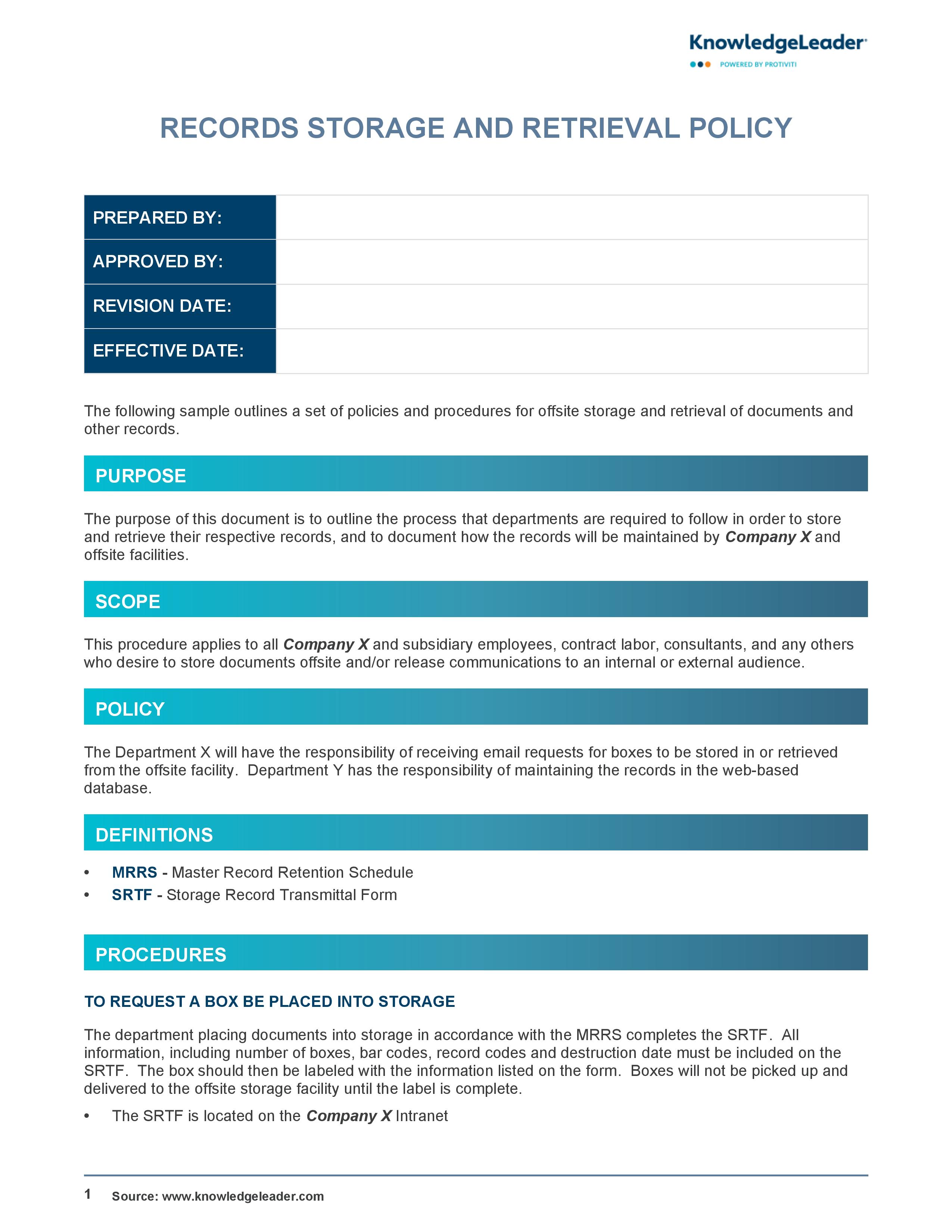 screenshot of the first page of Records Storage and Retrieval Policy