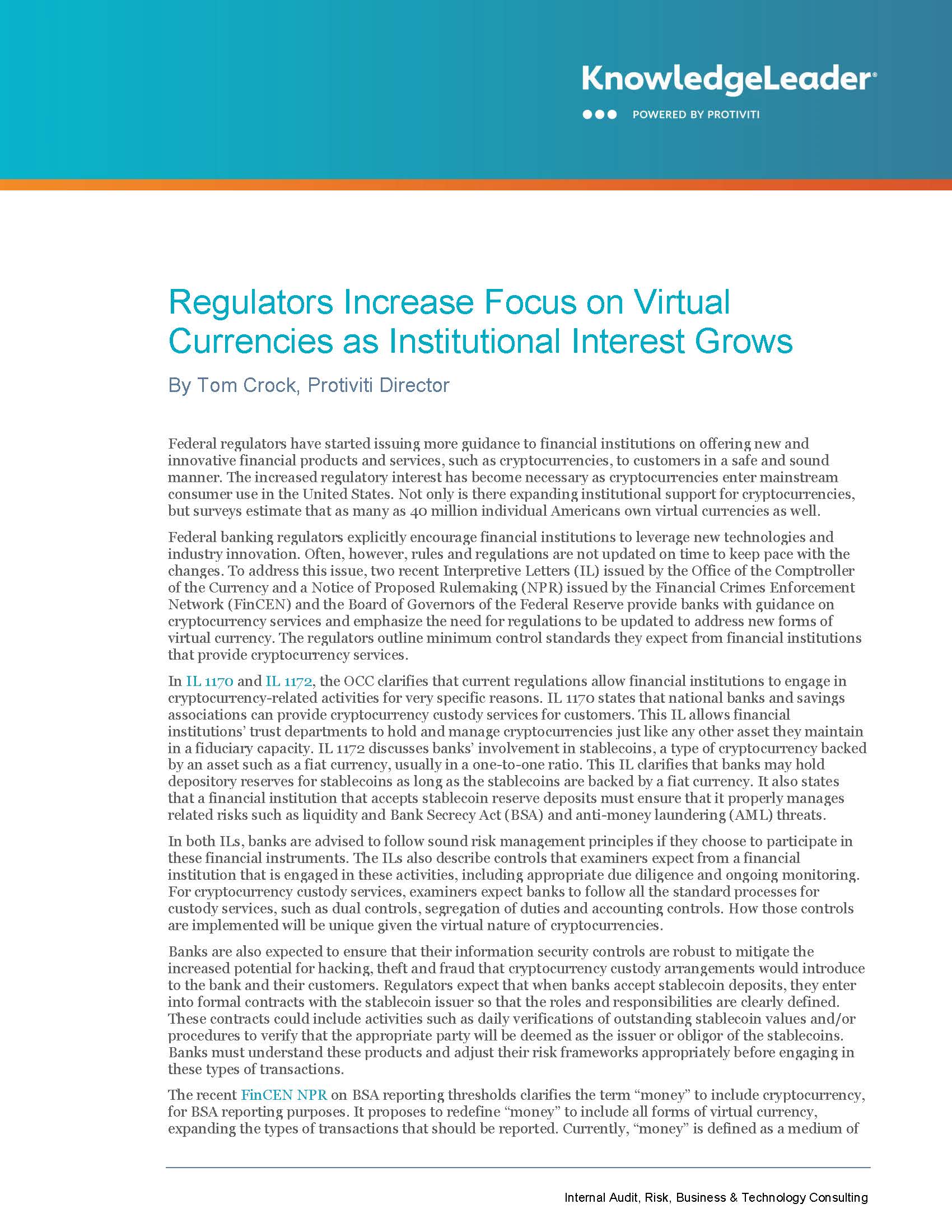 Screenshot of the first page of Regulators Increase Focus on Virtual Currencies as Institutional Interest Grows