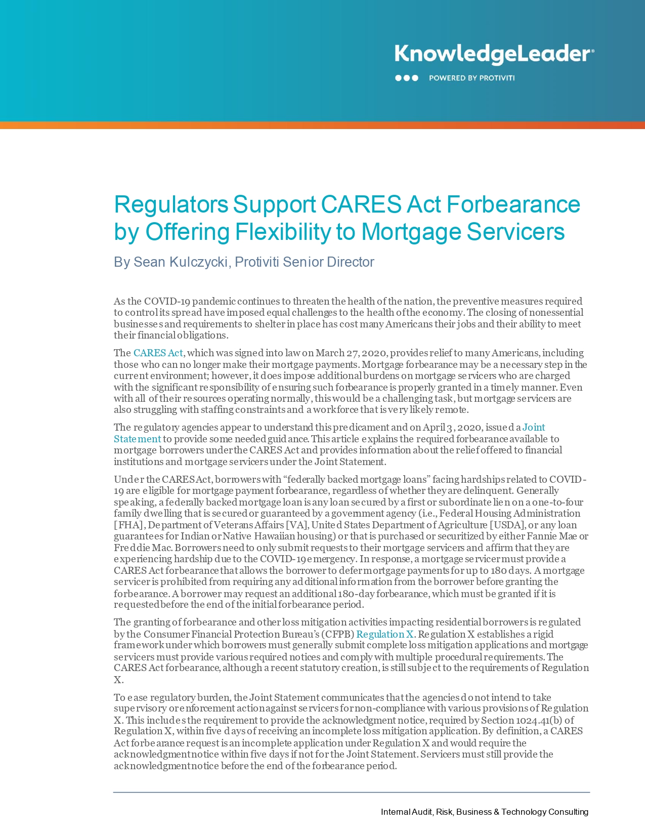 Regulators Support CARES Act Forbearance by Offering Flexibility to Mortgage Servicers