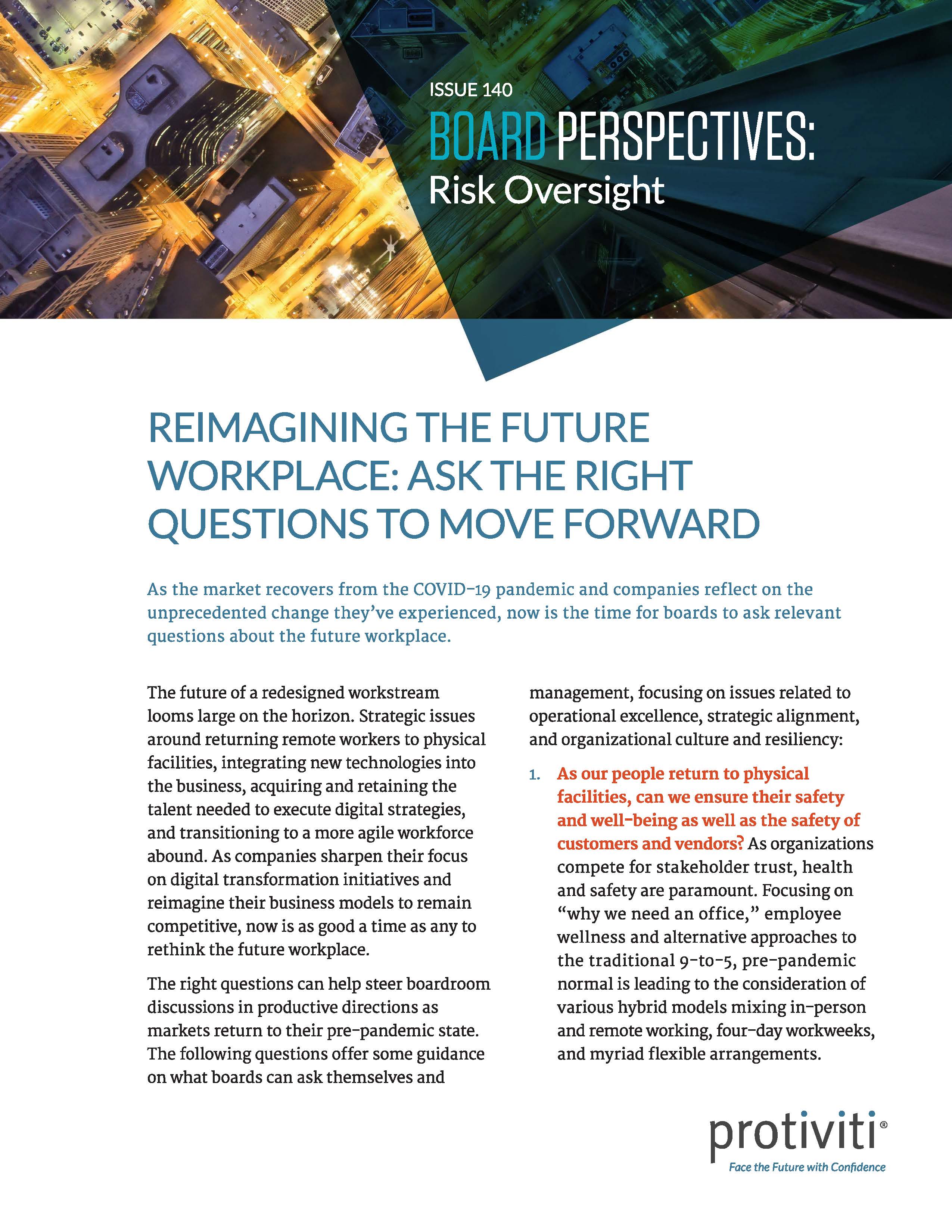 Screenshot of the first page of Reimagining the Future Workplace Ask the Right Questions to Move Forward