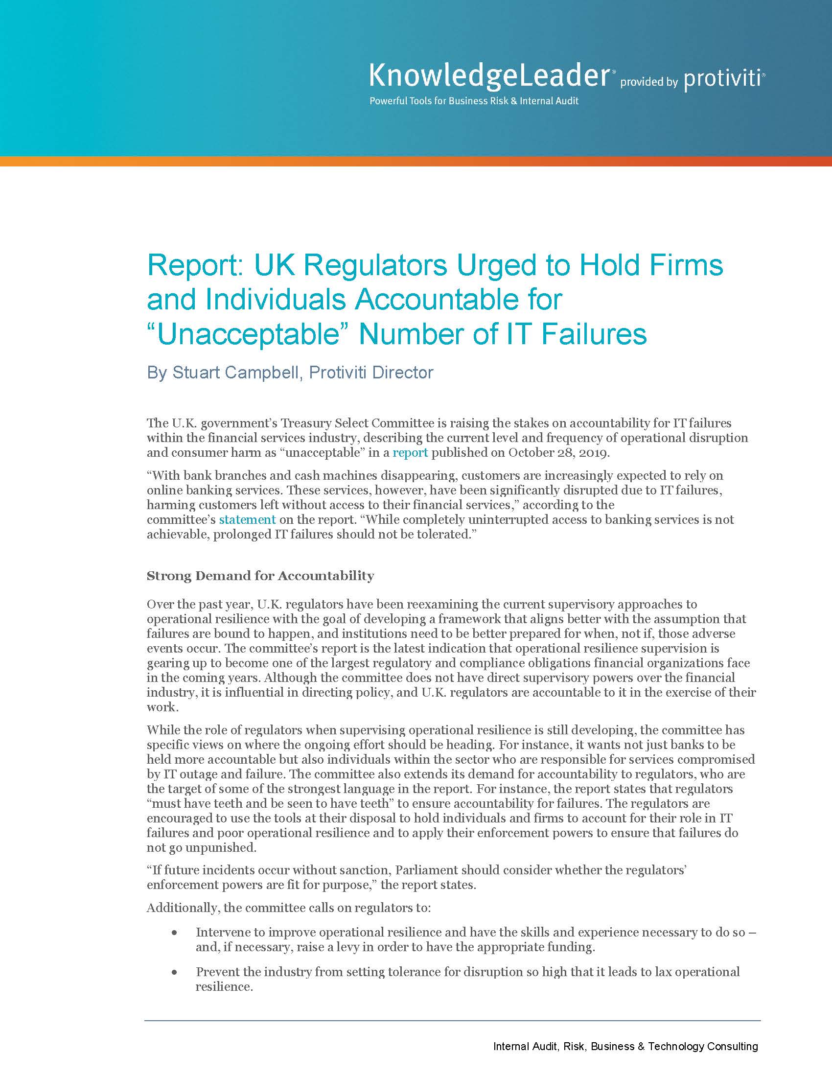 Screenshot of the first page of Report UK Regulators Urged to Hold Firms and Individuals Accountable for “Unacceptable” Number of IT Failures