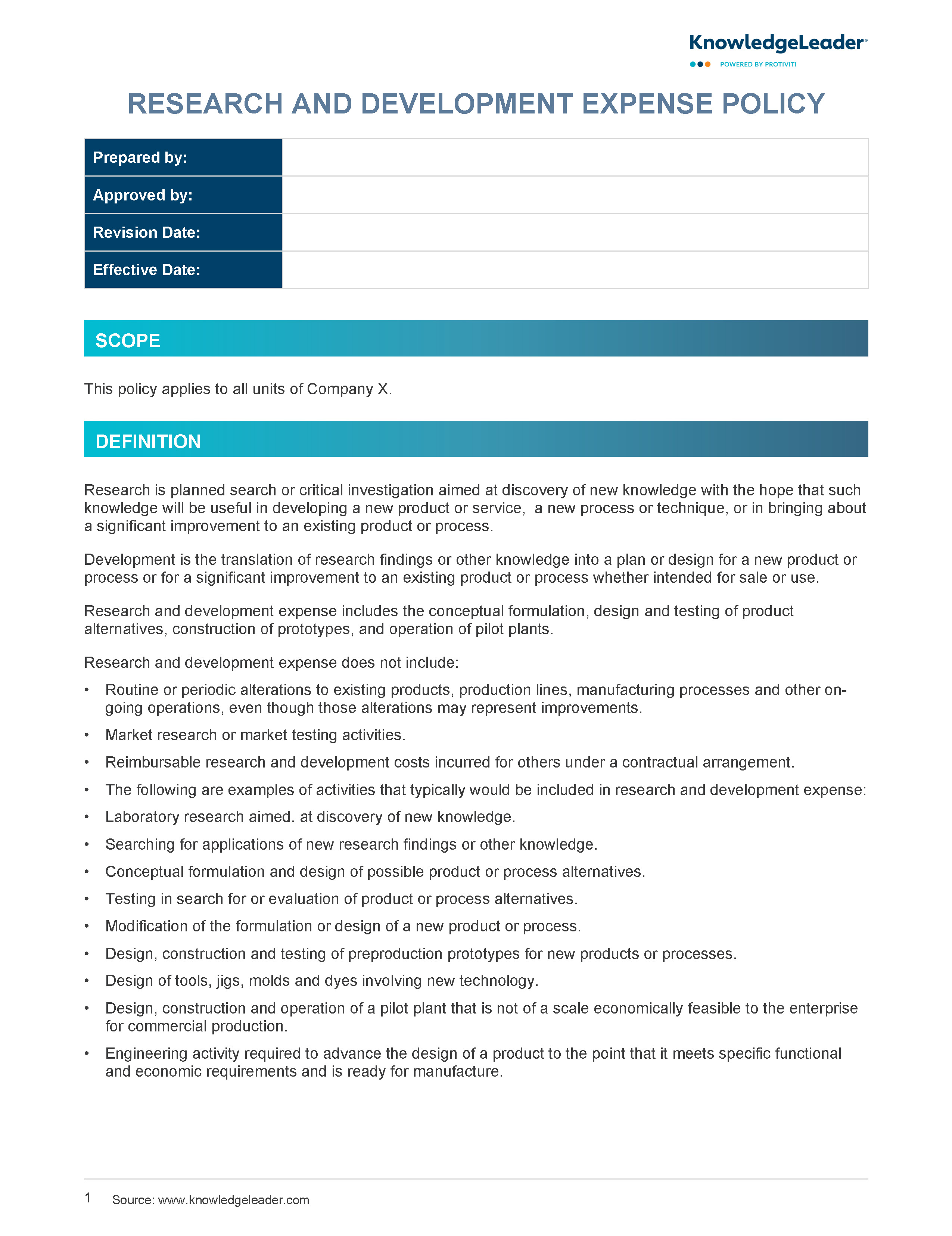 Screenshot of the first page of Research and Development Expense Policy