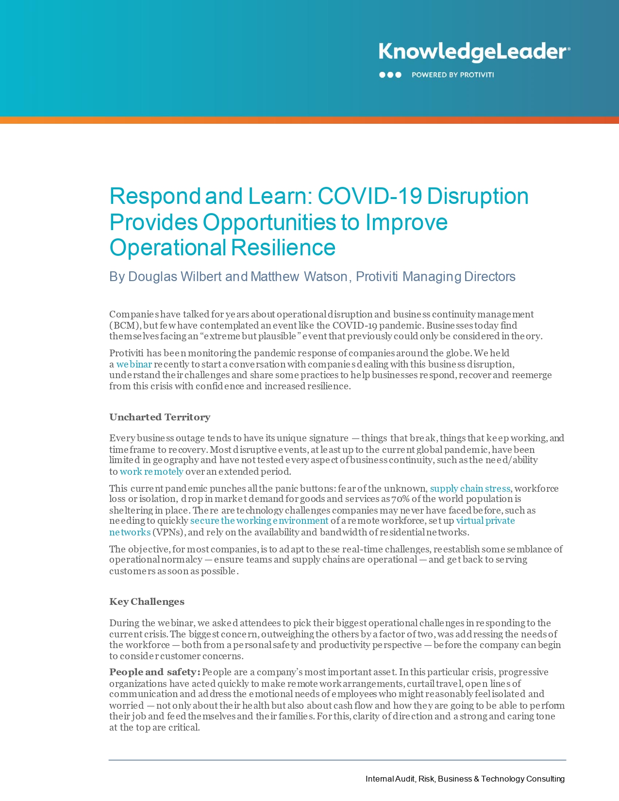 Respond and Learn: COVID-19 Disruption Provides Opportunities to Improve Operational Resilience