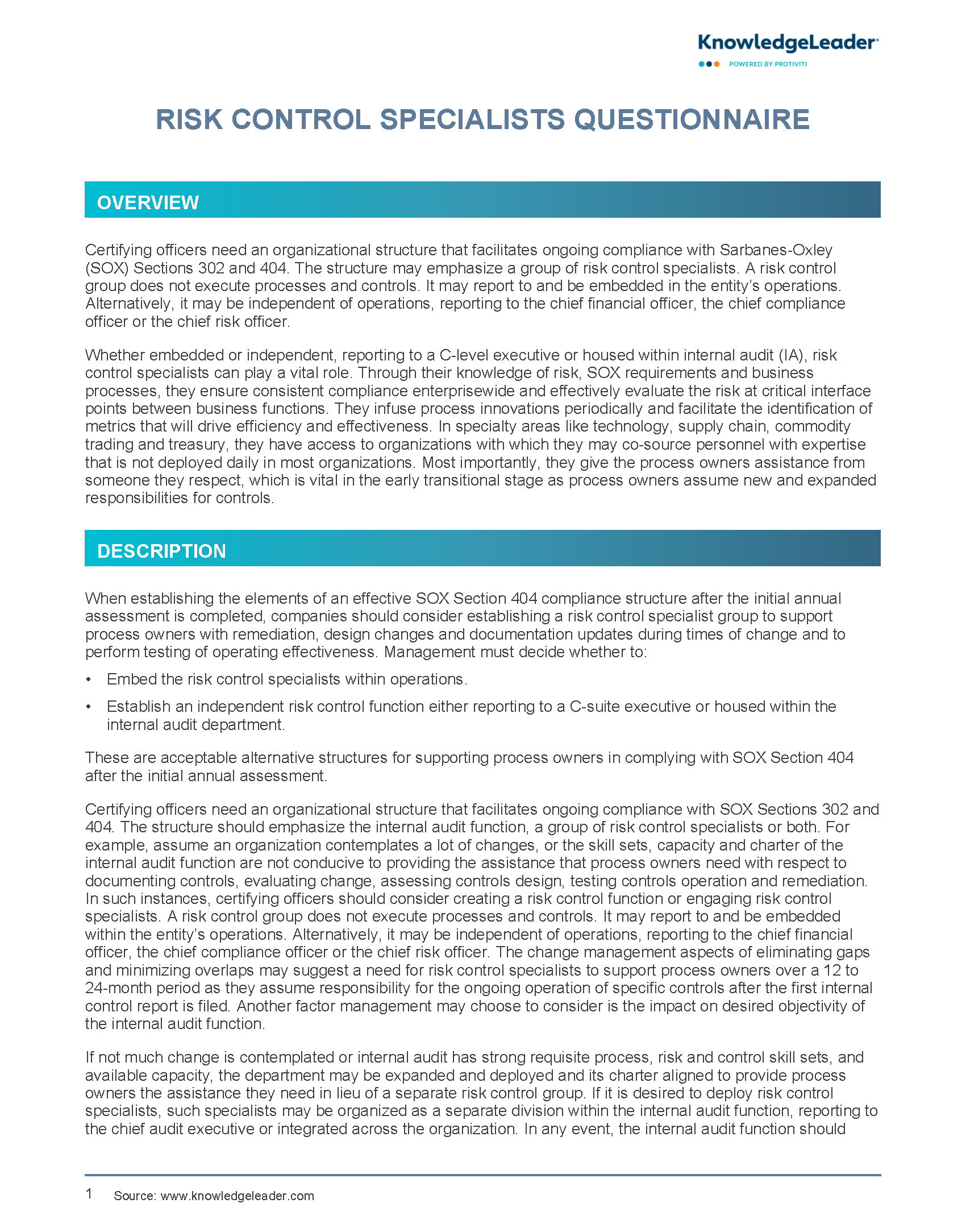 Screenshot of the first page of "Risk Control Specialists Questionnaire"