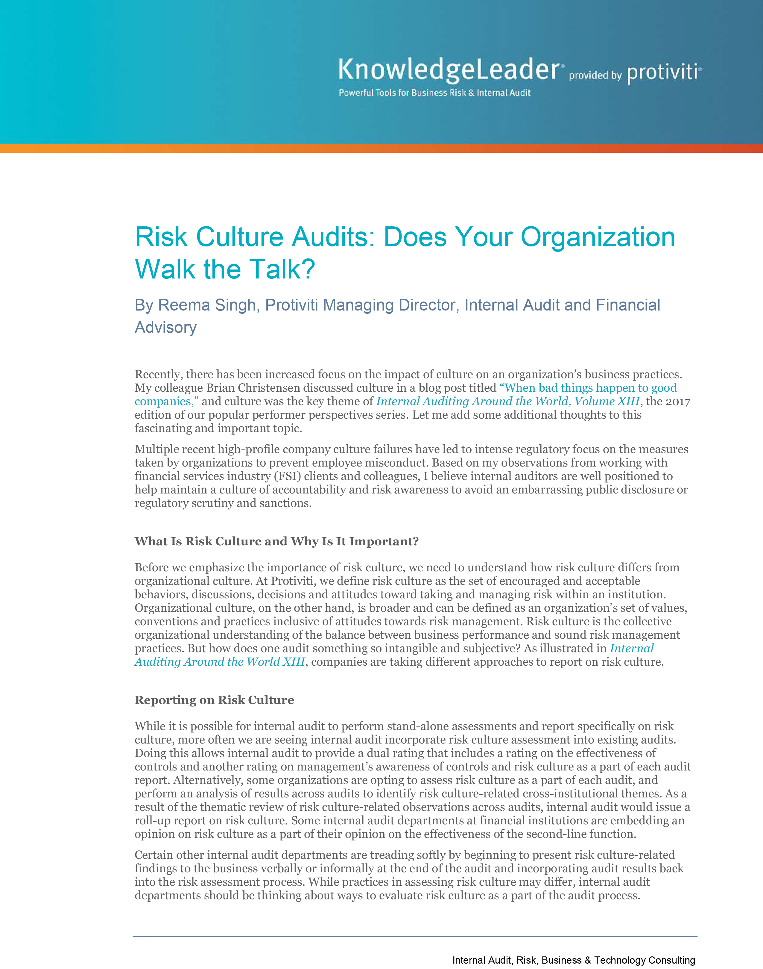 Screenshot of the first page of Risk Culture Audits-Does Your Organization Walk the Talk