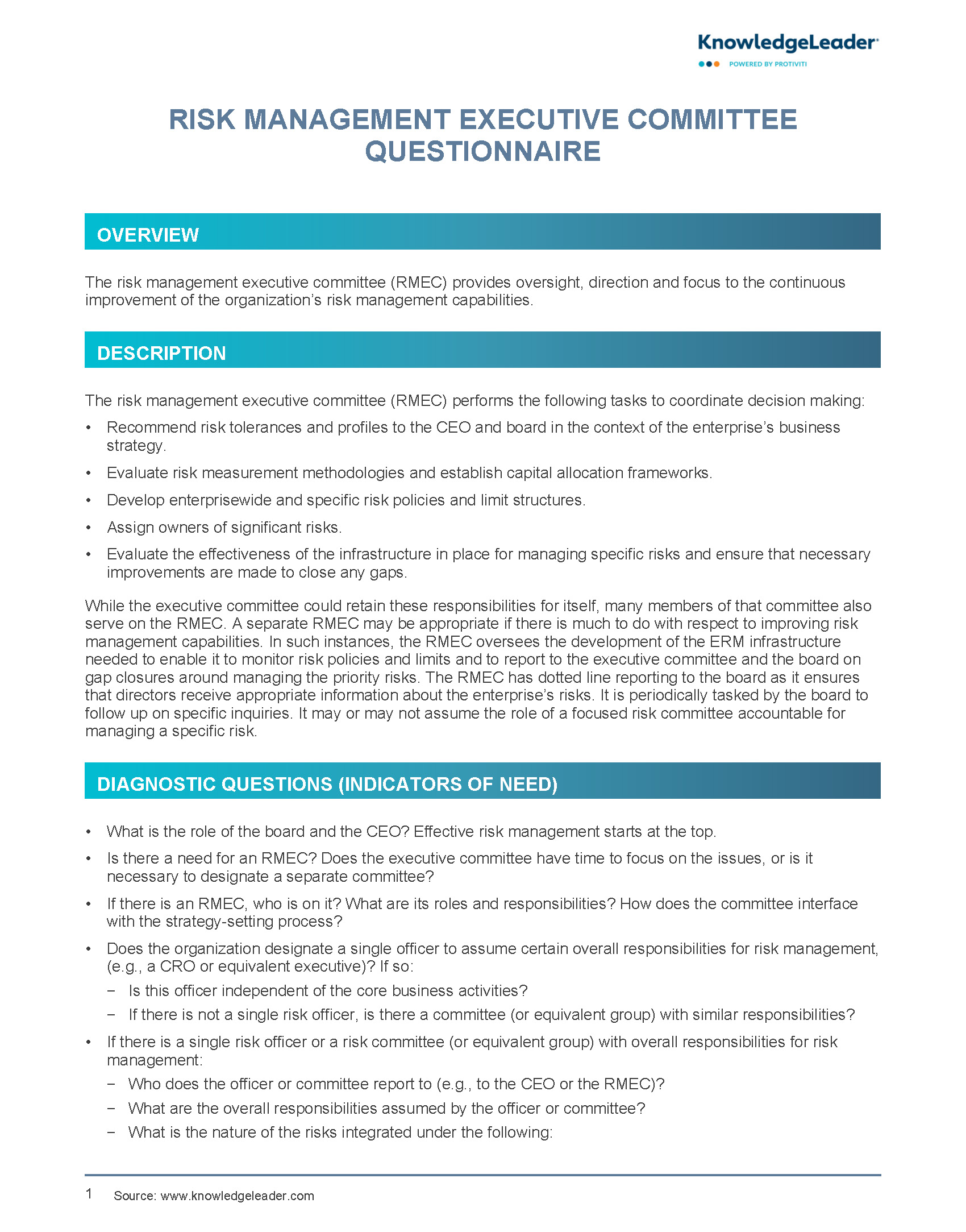 Screenshot of first page of Risk Management Executive Committee Questionnaire