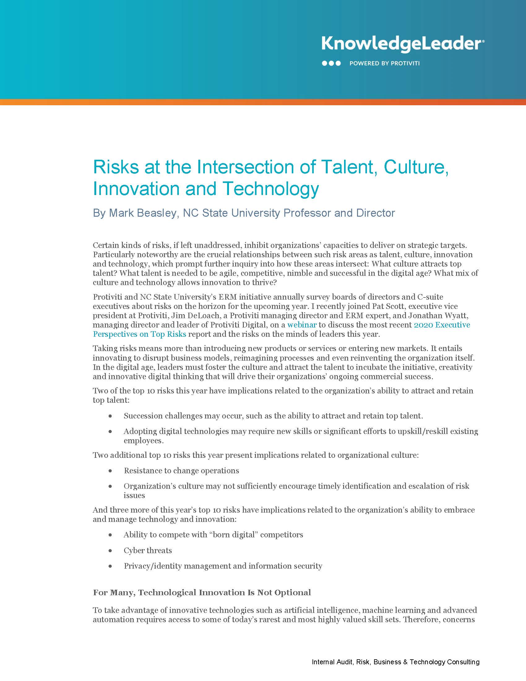 Risks at the Intersection of Talent, Culture, Innovation and Technology