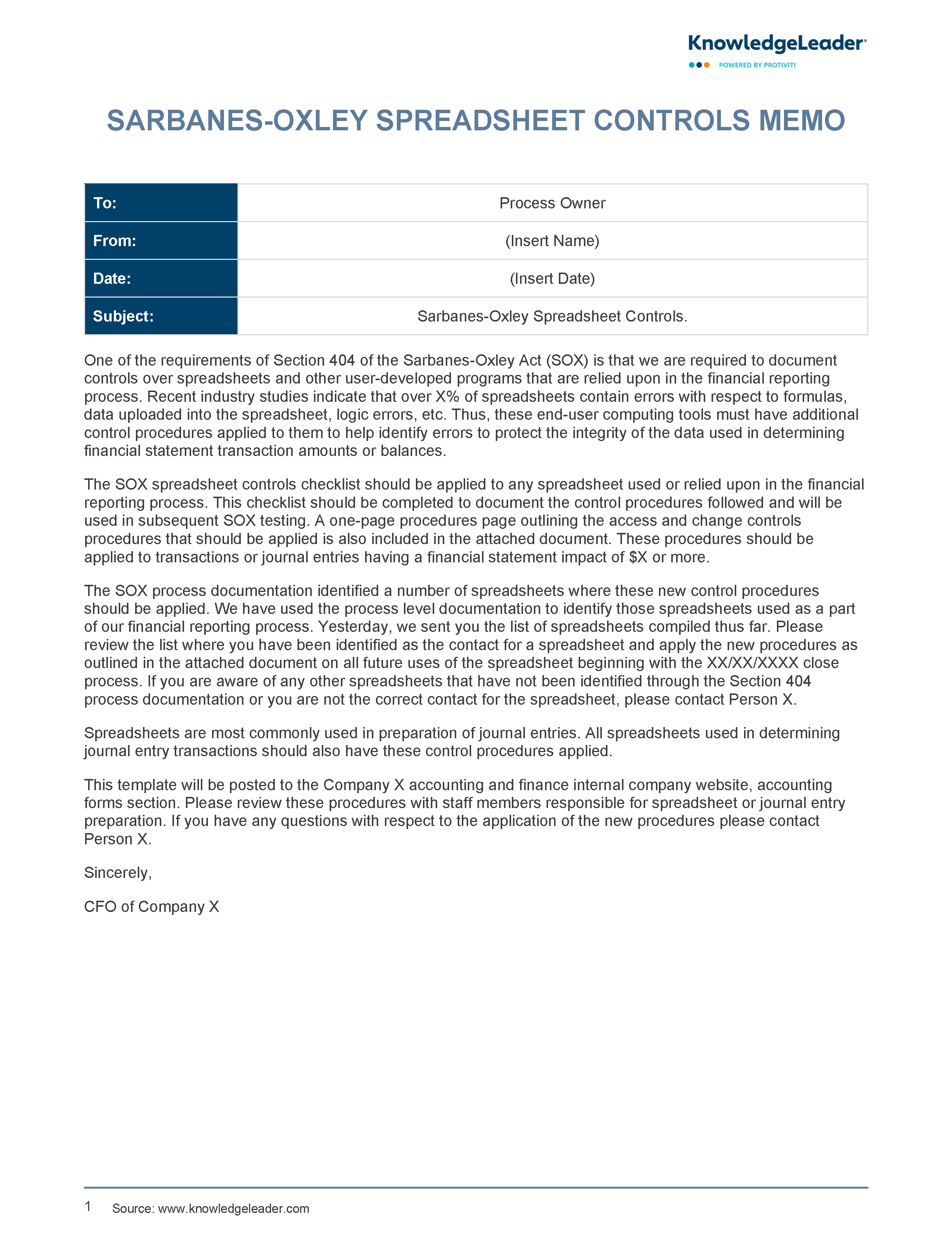 Screenshot of the first page of SARBANES-OXLEY SPREADSHEET CONTROLS MEMO