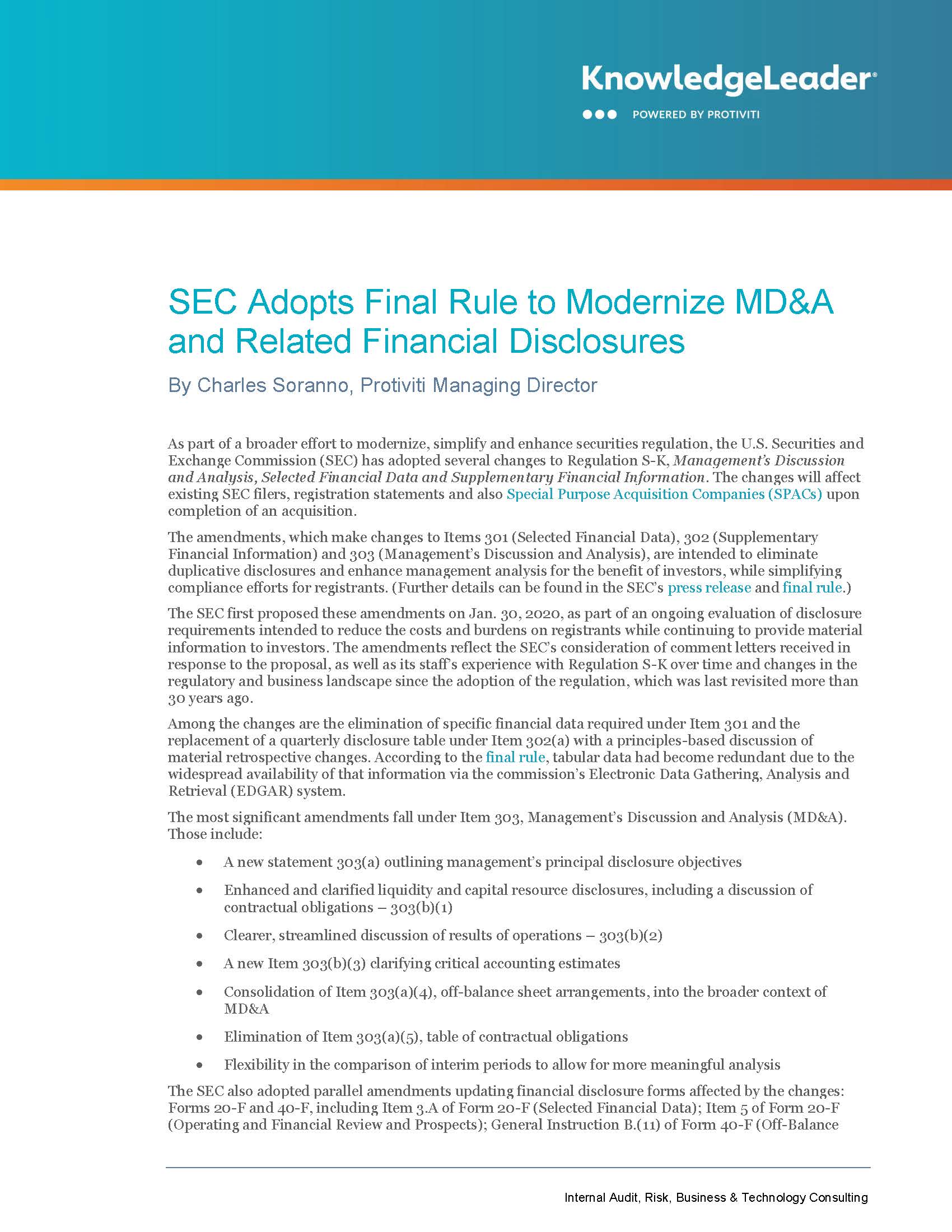 Screenshot of the first page of SEC Adopts Final Rule to Modernize MDA and Related Financial Disclosures