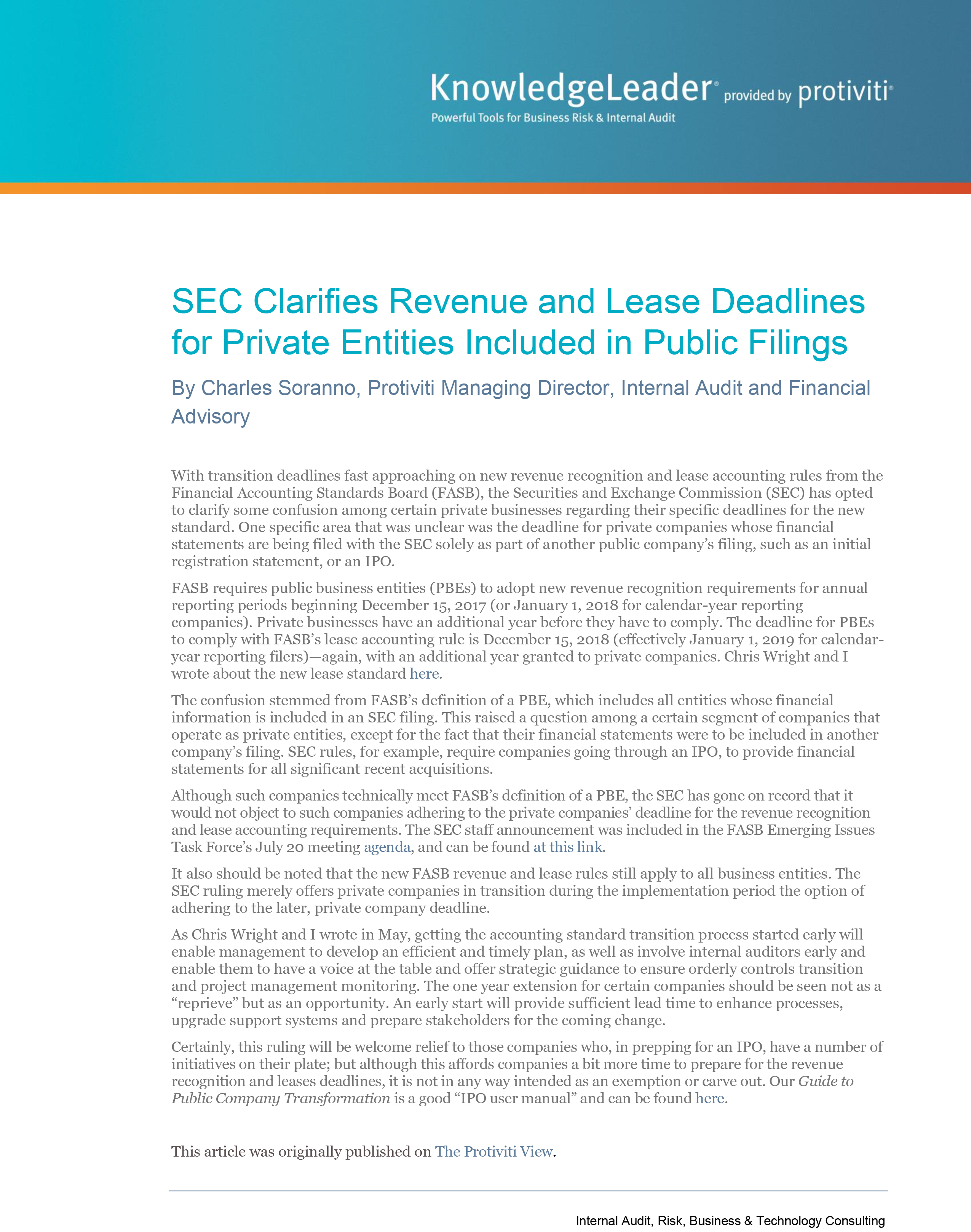 Screenshot of the first page of SEC Clarifies Revenue and Lease Deadlines for Private Entities Included in Public Filings