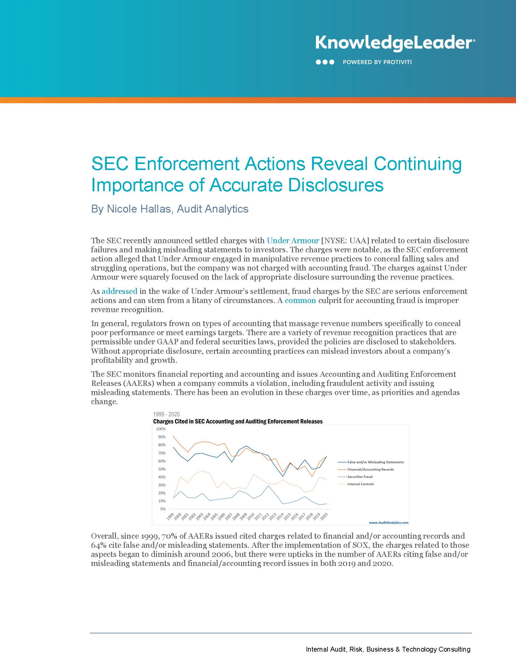 Screenshot of the first page of SEC Enforcement Actions Reveal Continuing Importance of Accurate Disclosures