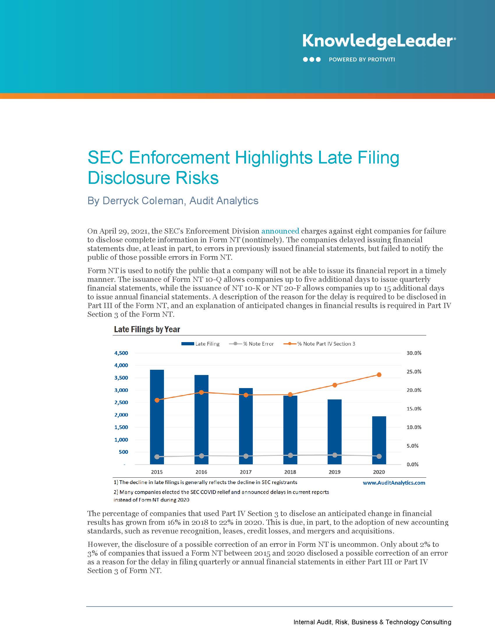 Screenshot of the first page of SEC Enforcement Highlights Late Filing Disclosure Risks