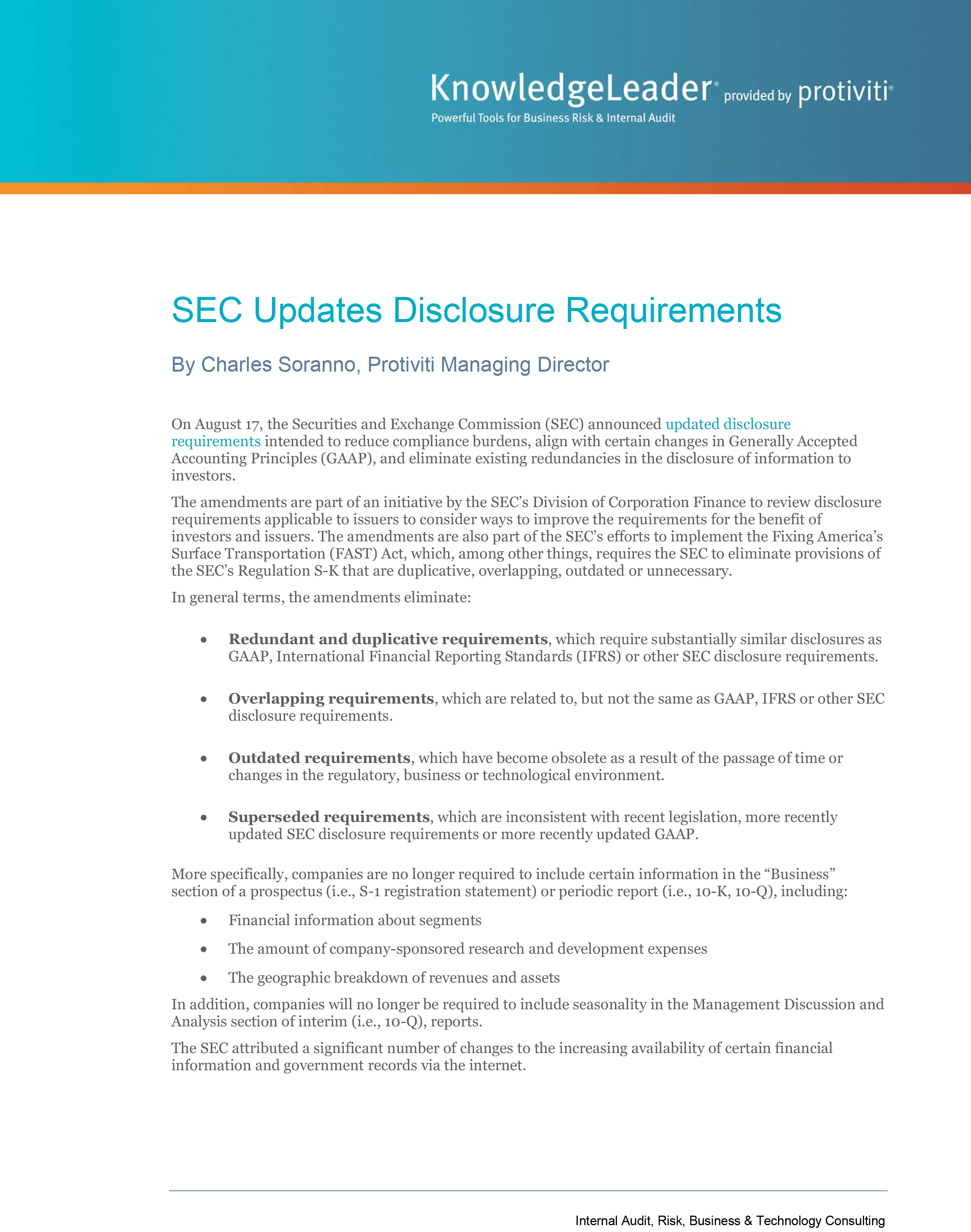 Screenshot of the first page of SEC Updates Disclosure Requirements