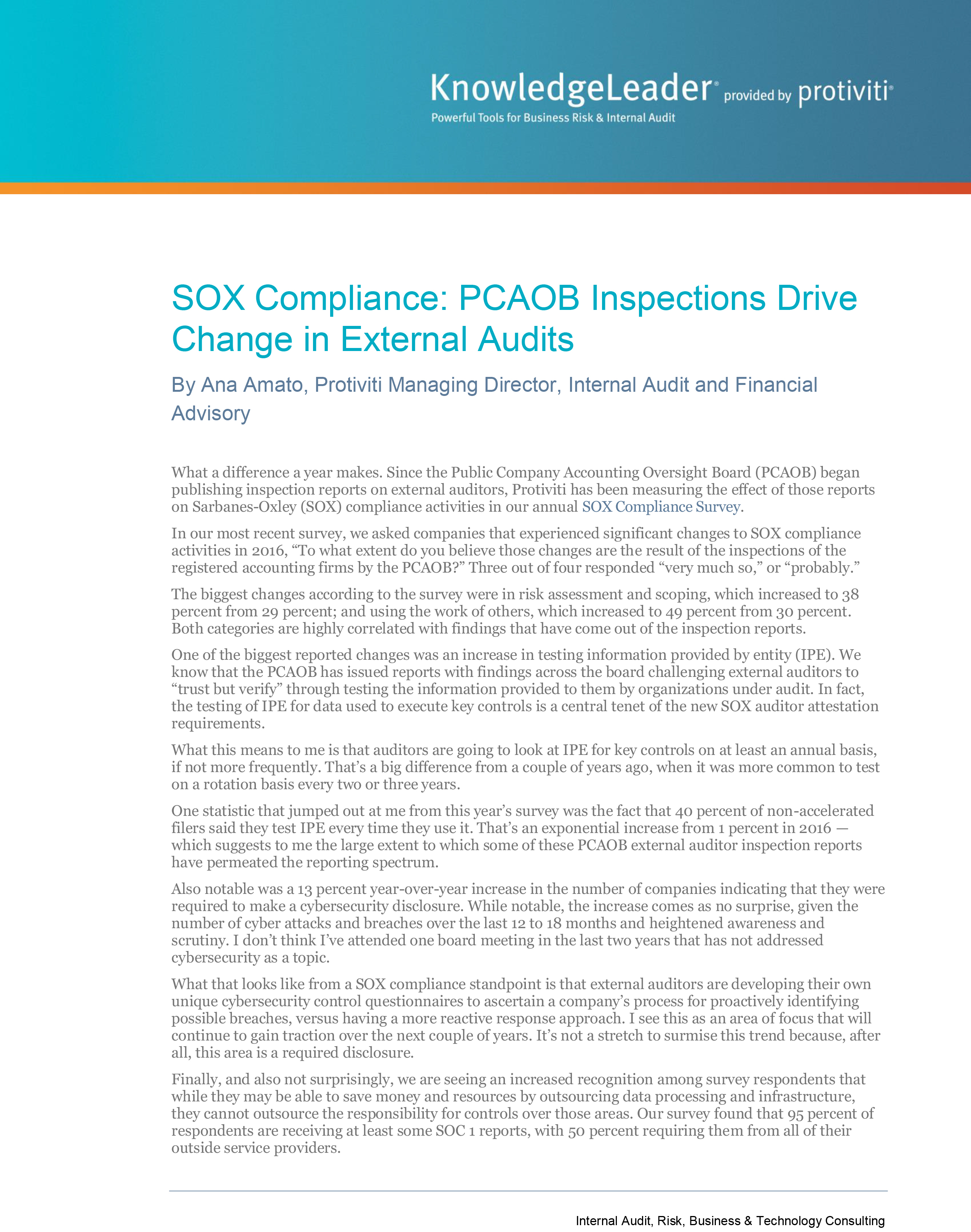 Screenshot of the first page of SOX Compliance - PCAOB Inspections Drive Change in External Audits