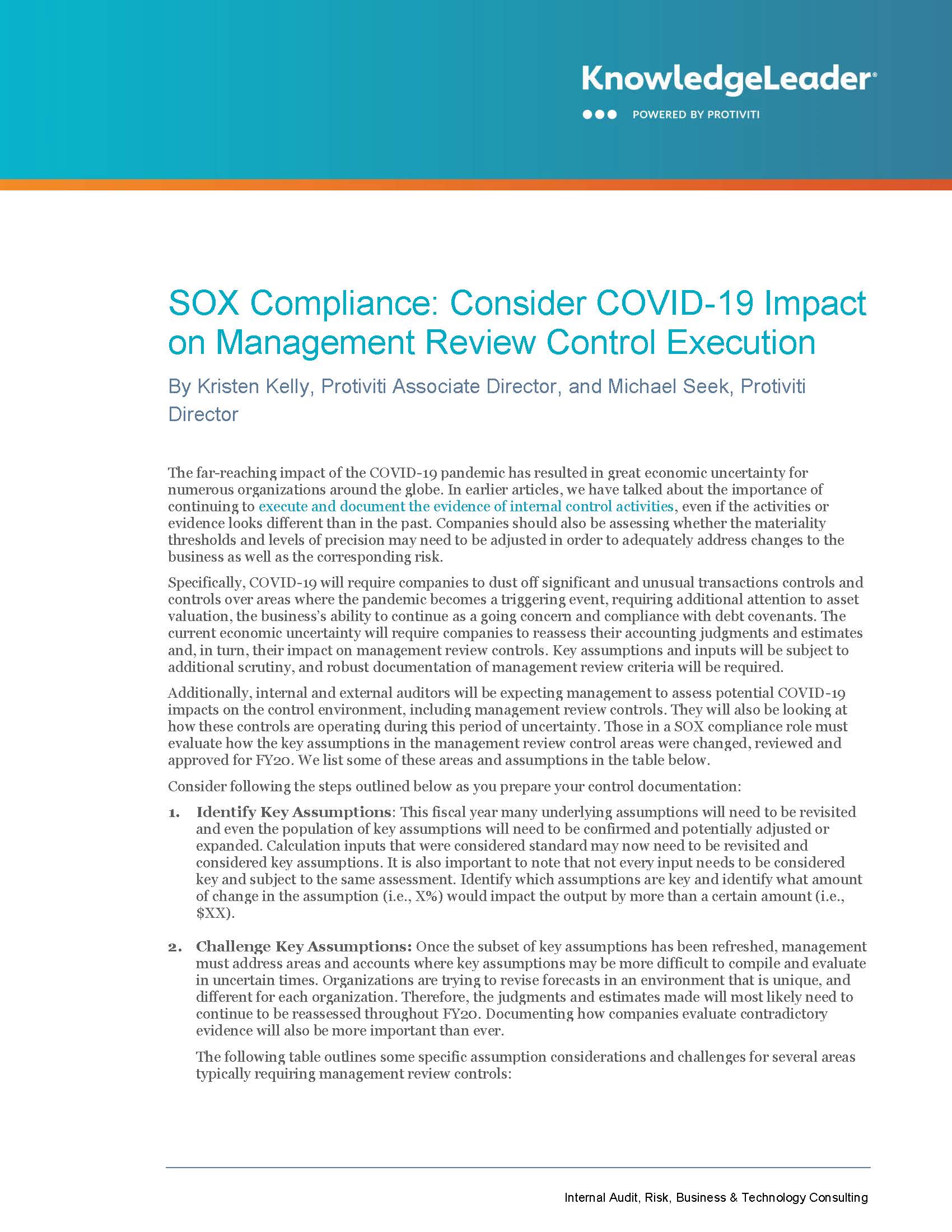 Screenshot of the first page of SOX Compliance: Consider COVID-19 Impact on Management Review Control Execution