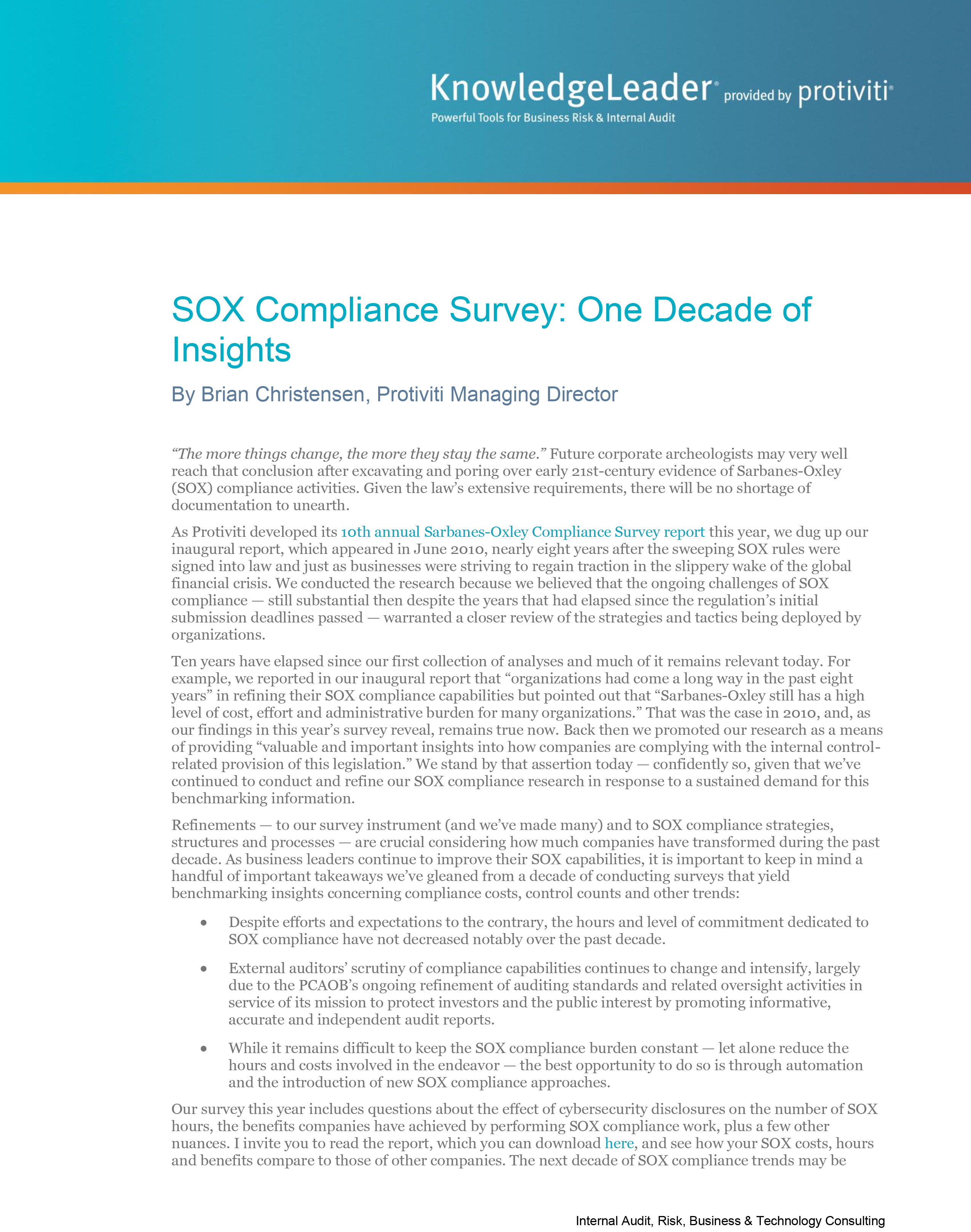 Screenshot of the first page of SOX Compliance Survey One Decade of Insights