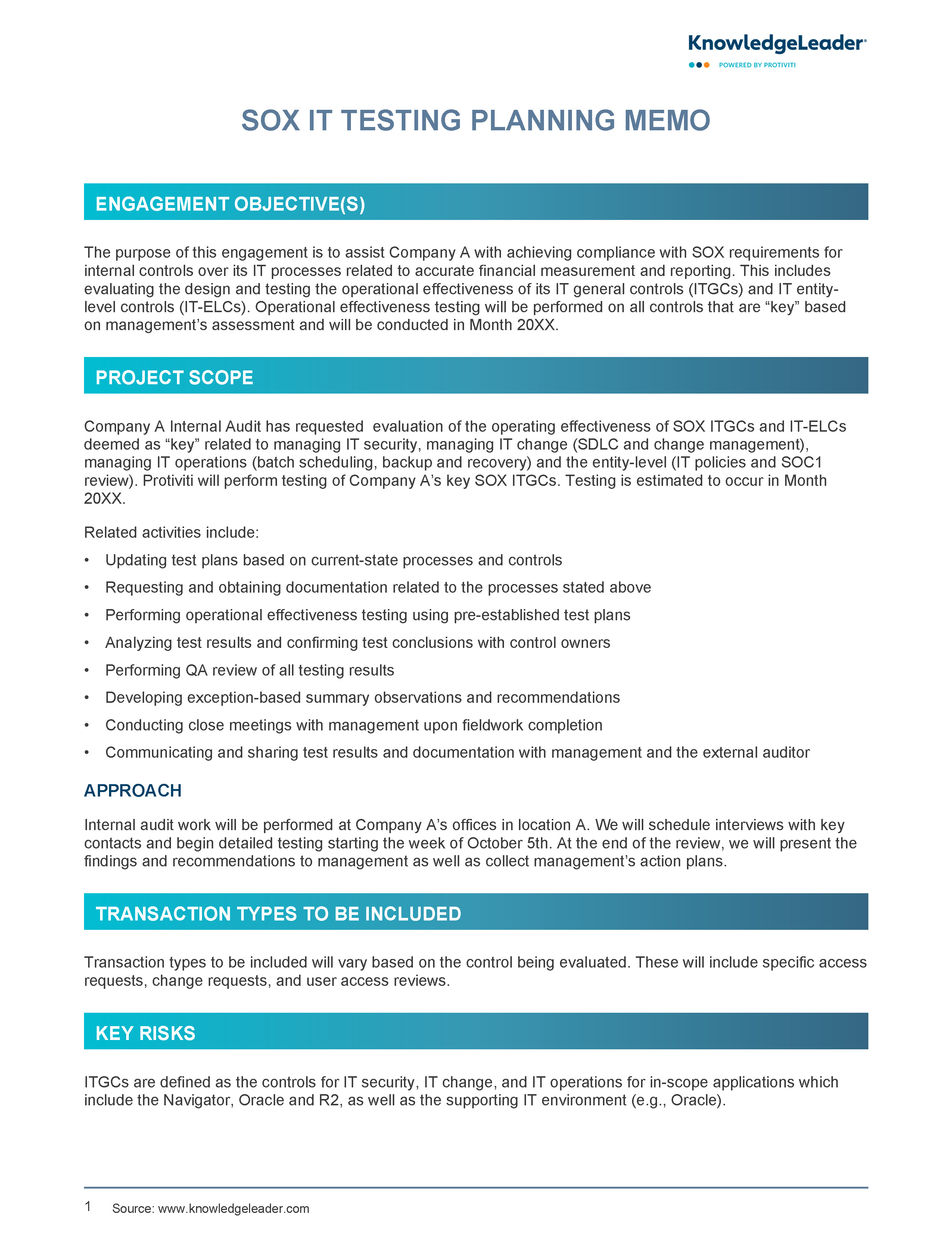 Screenshot of the first page of SOX IT Testing Planning Memo