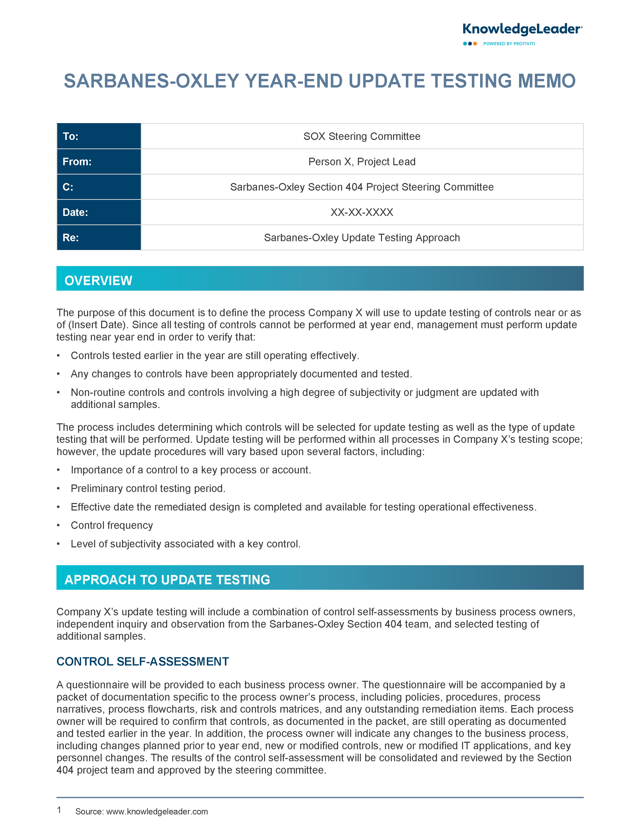 Screenshot of the first page of SOX Year End Update Testing Memo
