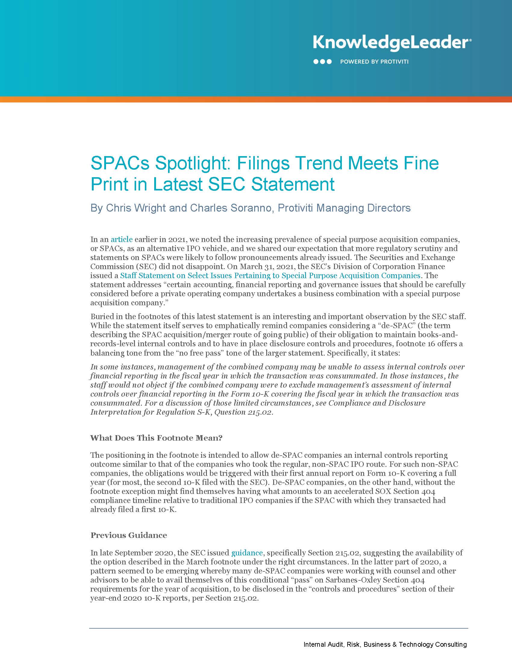 Screenshot of the first page of SPACs Spotlight Filings Trend Meets Fine Print in Latest SEC Statement
