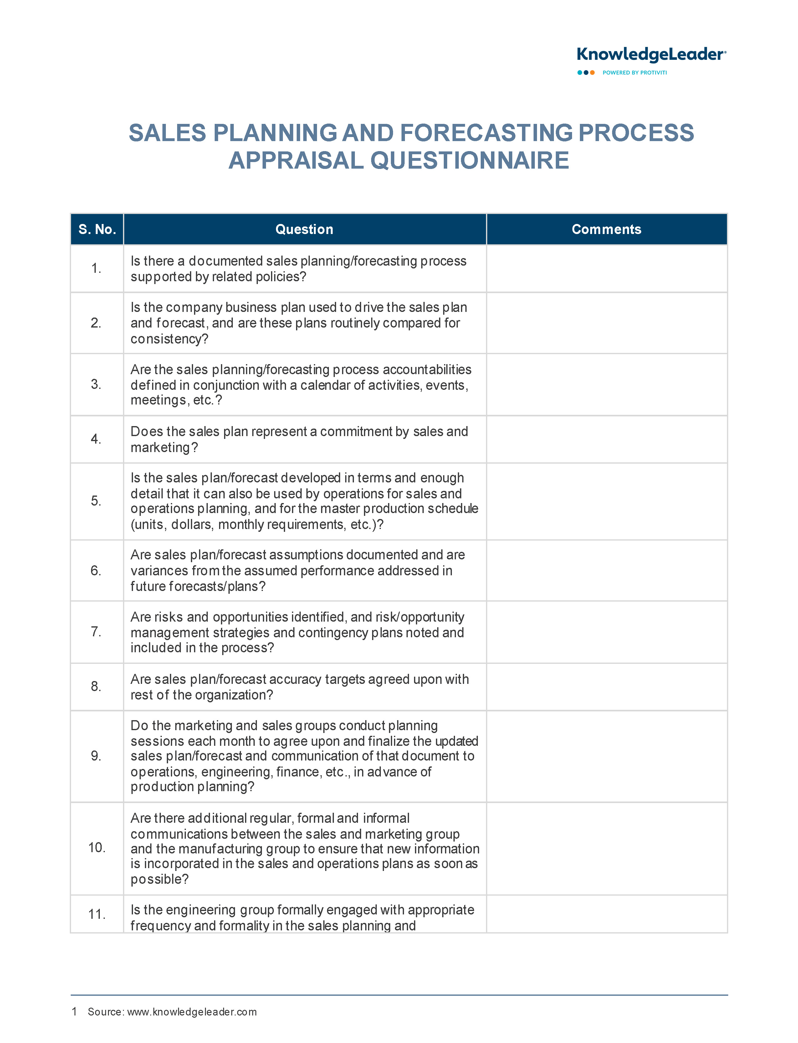 Sales Planning and Forecasting Process Appraisal Questionnaire