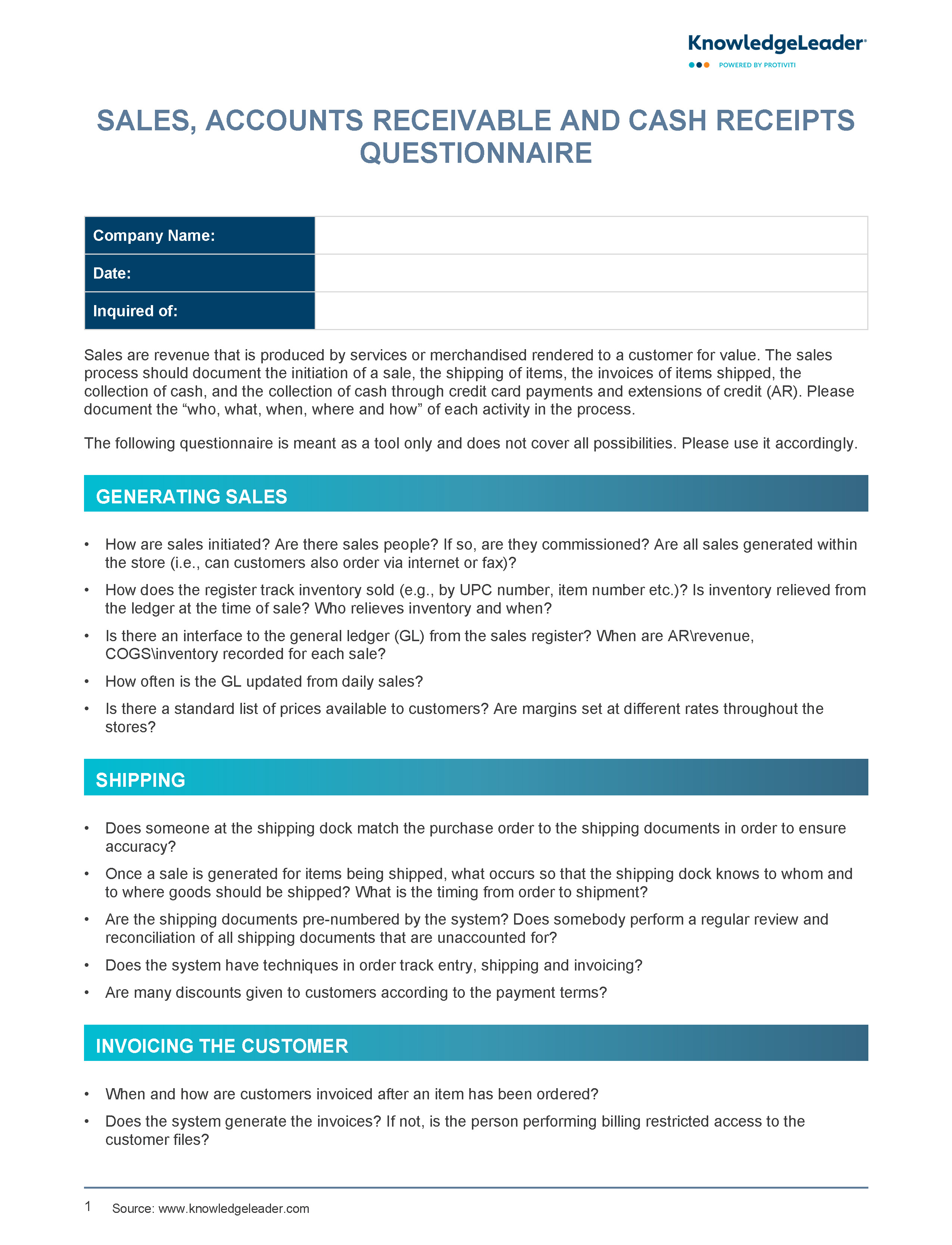 Screenshot of the first page of Sales, Accounts Receivable and Cash Receipts Questionnaire