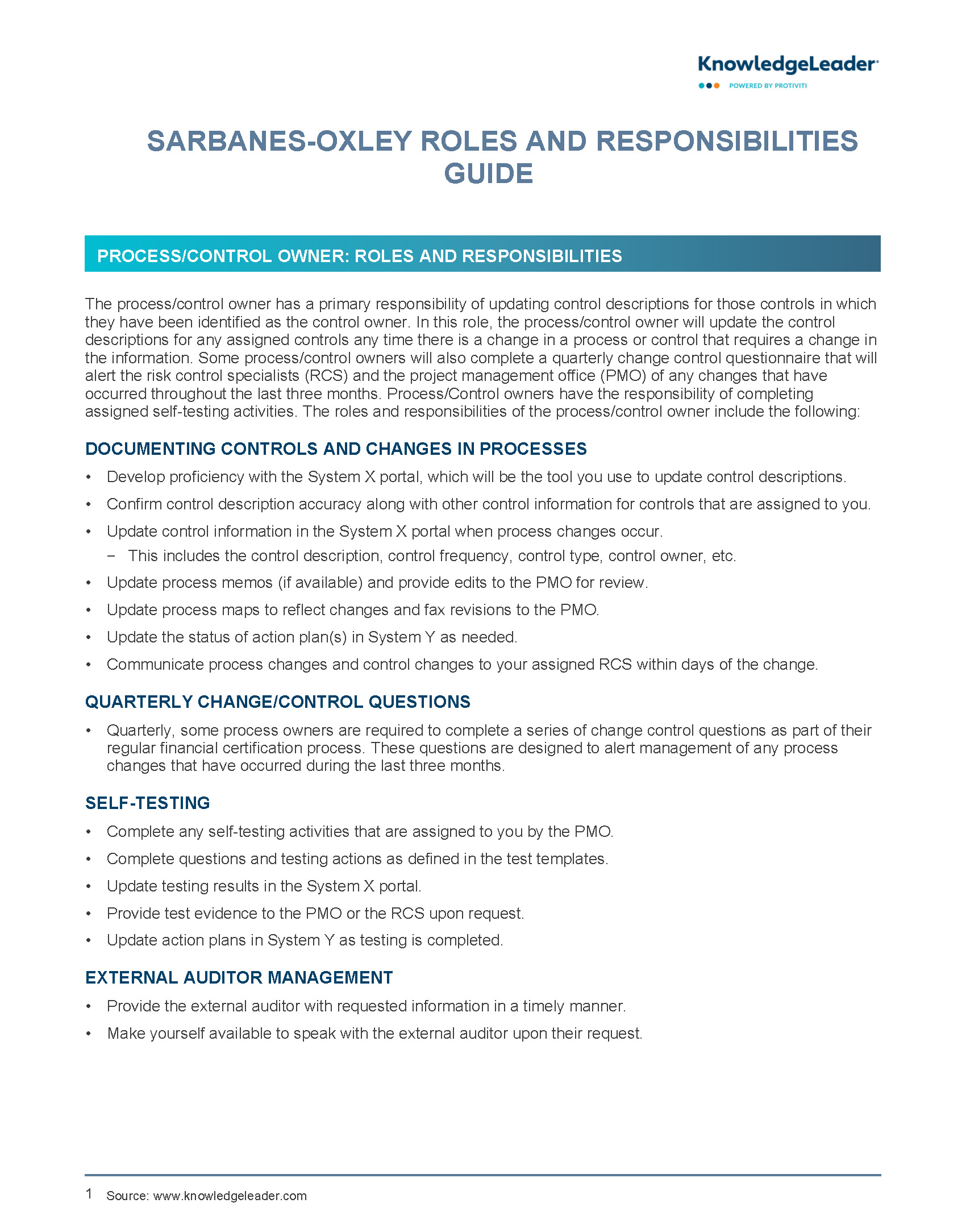 Screenshot of the first page of Sarbanes-Oxley Roles and Responsibilities Guide