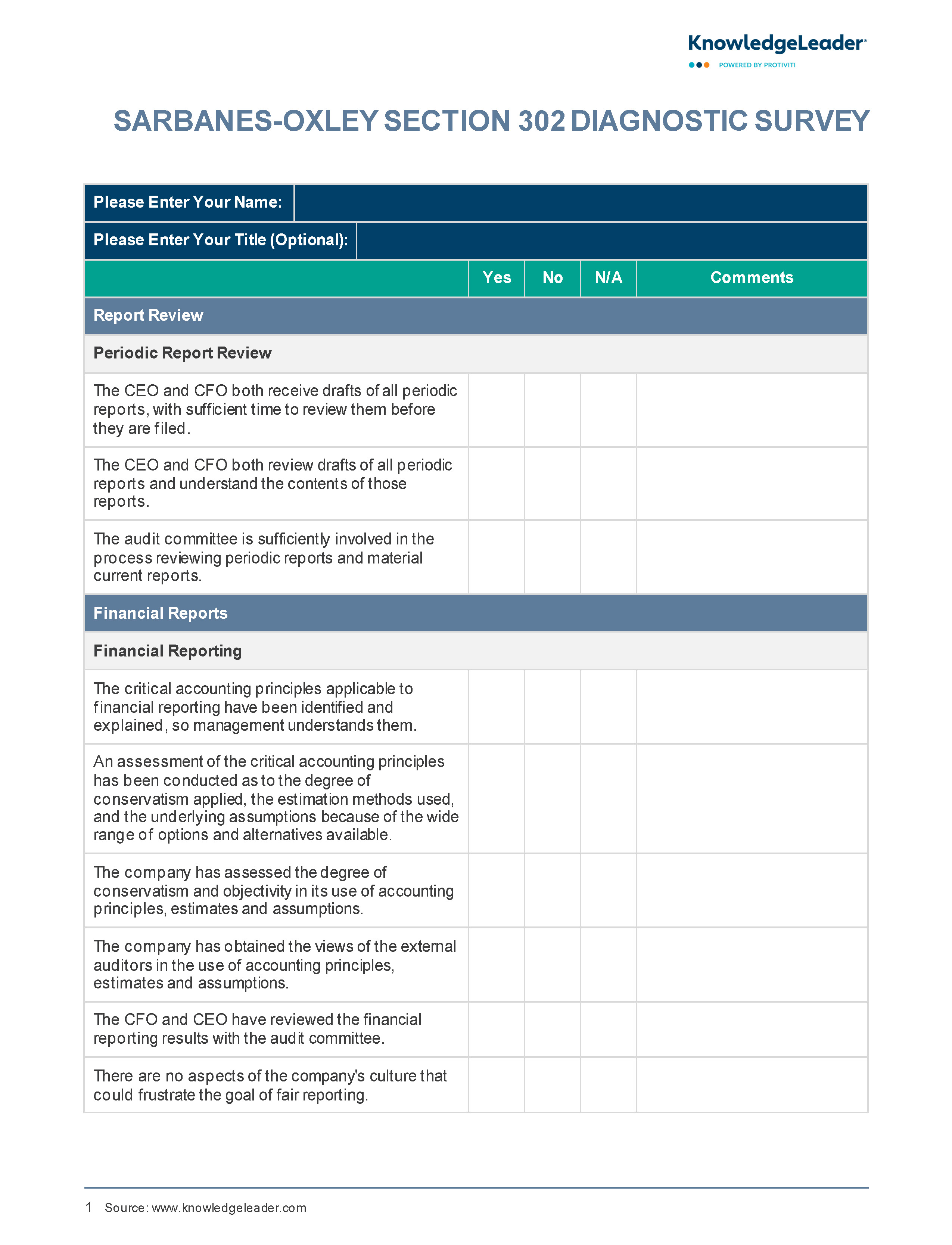 Screenshot of the first page of Sarbanes-Oxley Section 302 Diagnostic Survey