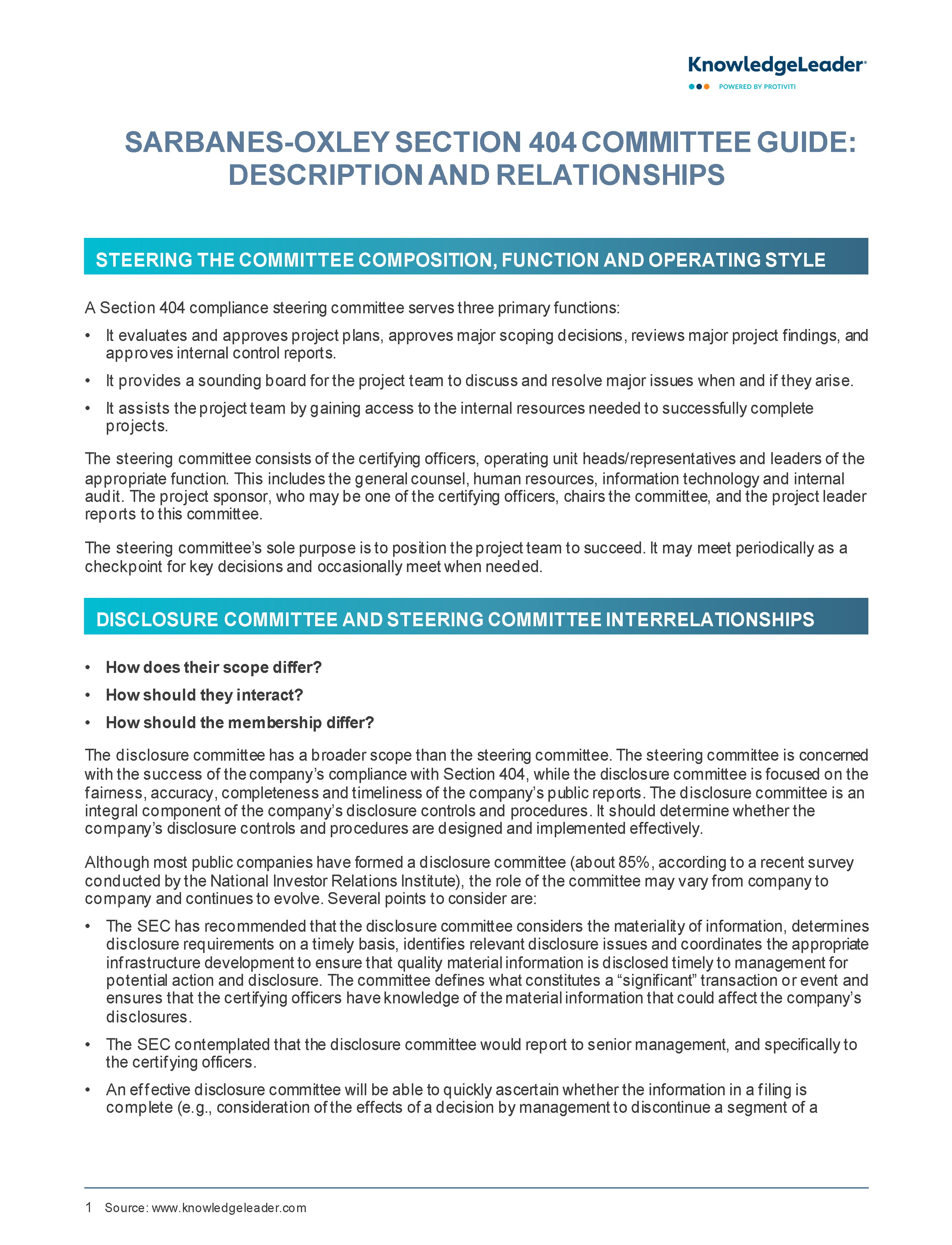 Screenshot of the first page of Sarbanes-Oxley Section 404 Committee Guide - Description and Relationships