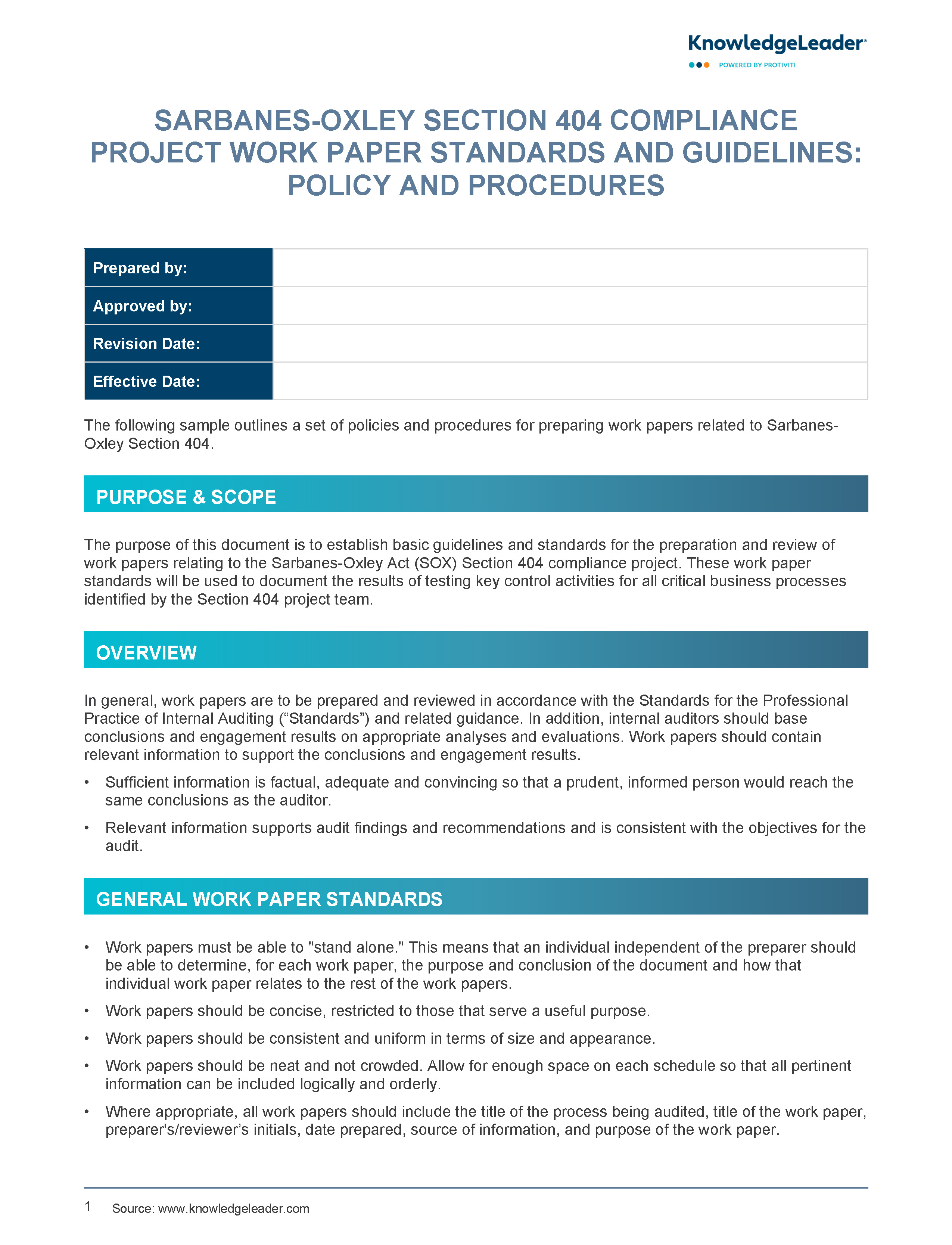 Sarbanes-Oxley Section 404 Compliance Project Work Paper Standards and Guidelines