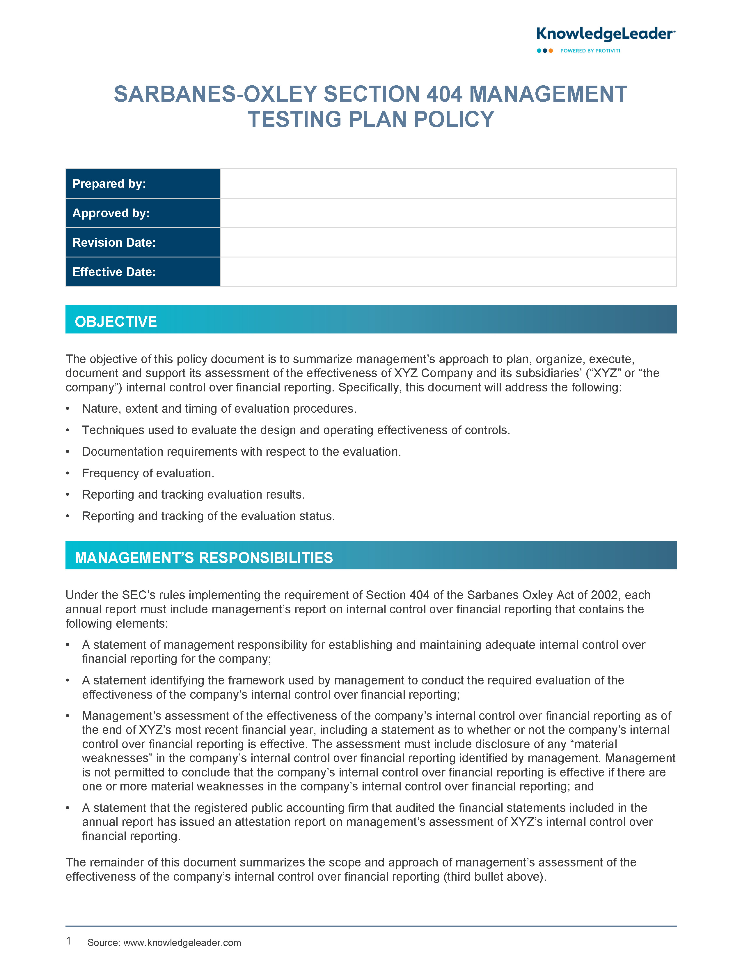 Sarbanes-Oxley Section 404 Management Testing Plan Policy