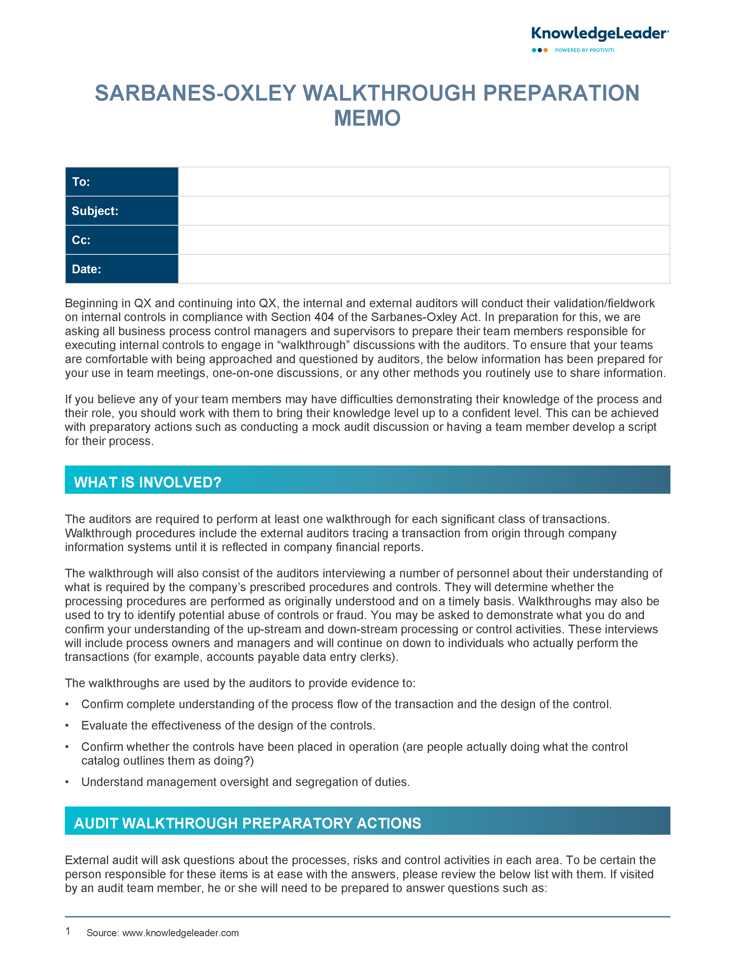 Sarbanes-Oxley Walkthrough Preparation Memo