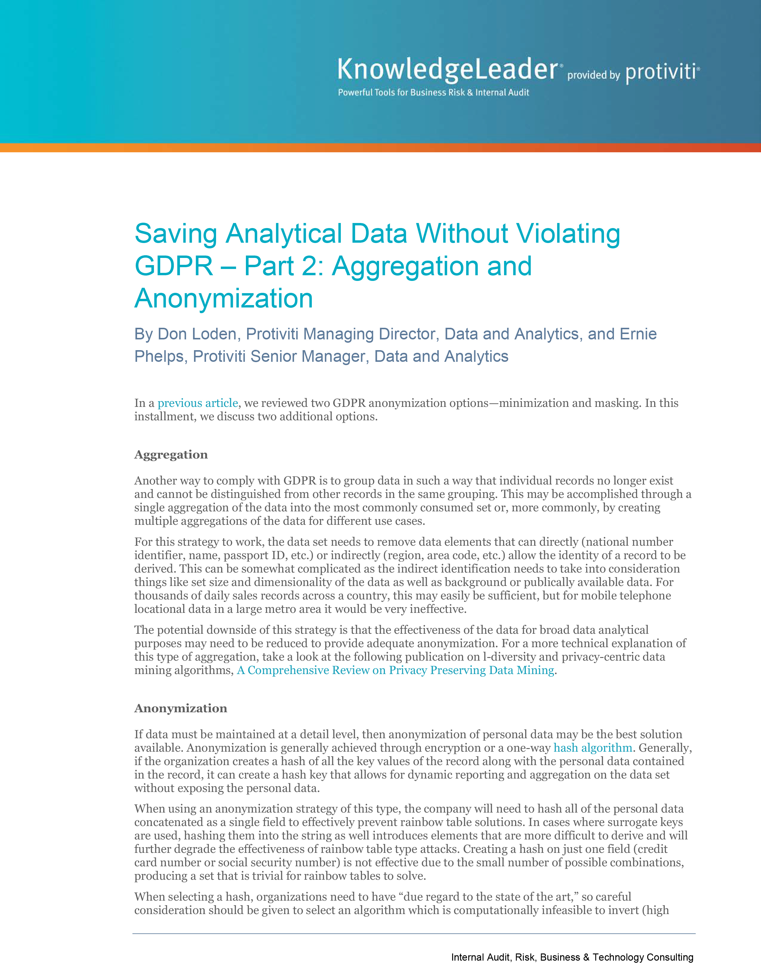 Screenshot of the first page of Saving Analytical Data Without Violating GDPR – Part 2 Aggregation and Anonymization