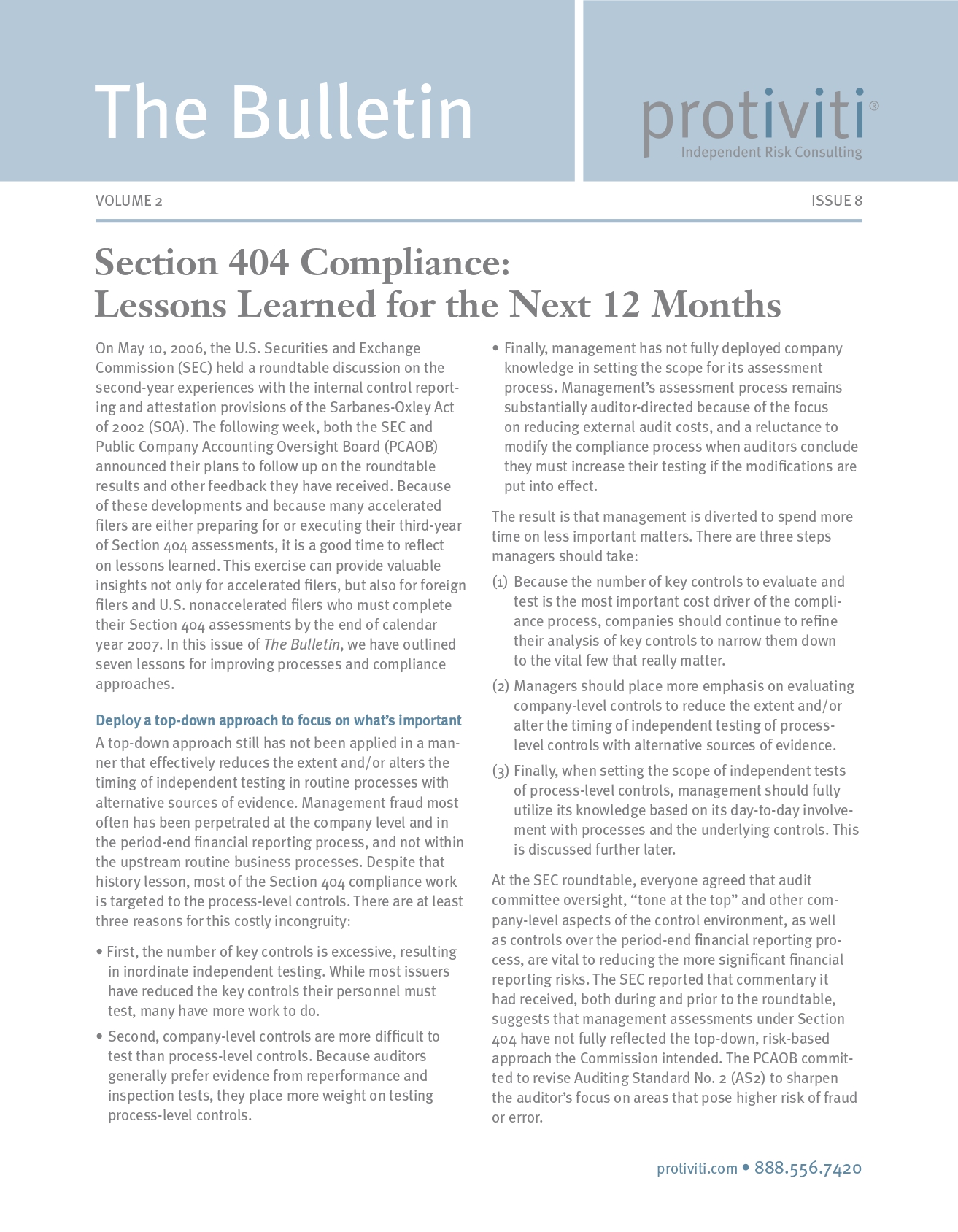 Screenshot of the first page of Section 404 Compliance: Lessons Learned for the Next 12 Months