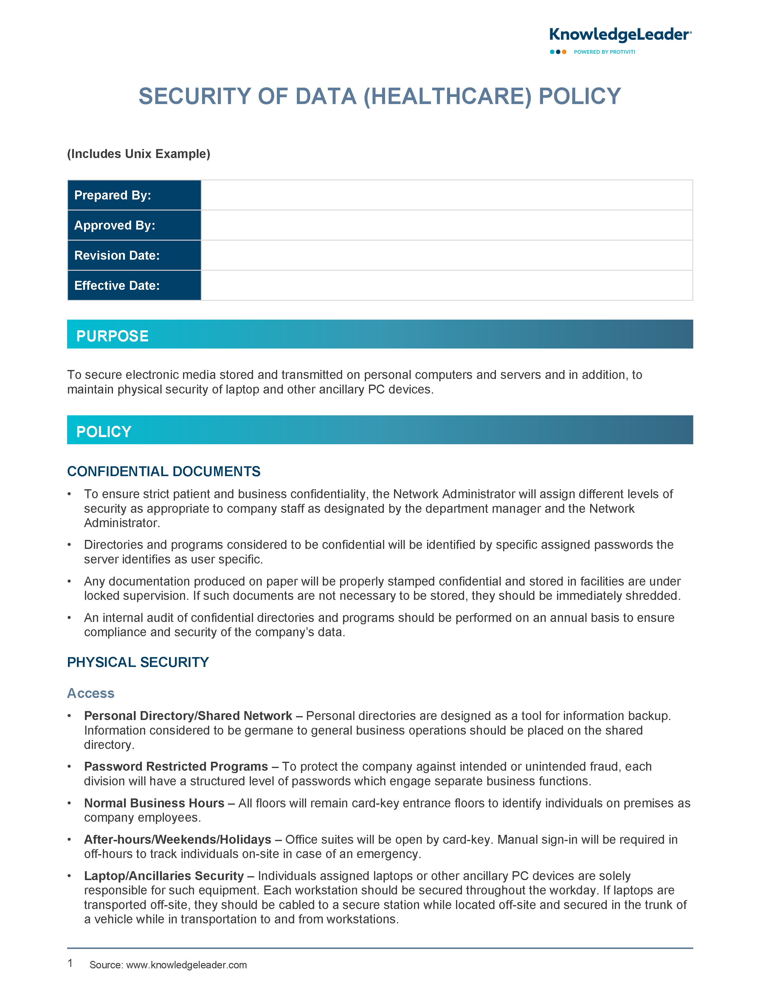 Screenshot of the first page of Security of Data Policy