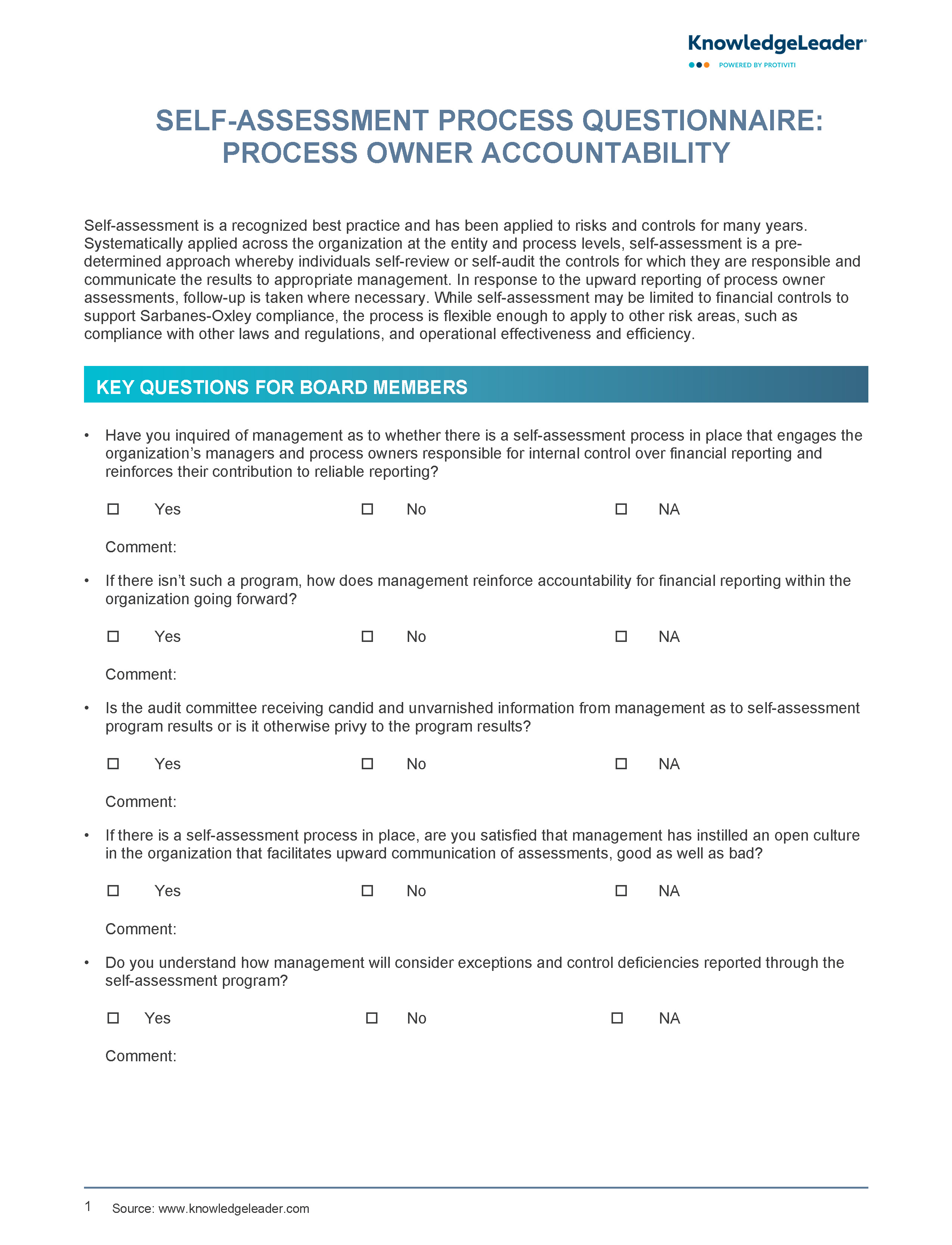 Screenshot of the first page of Self-Assessment Process Questionnaire