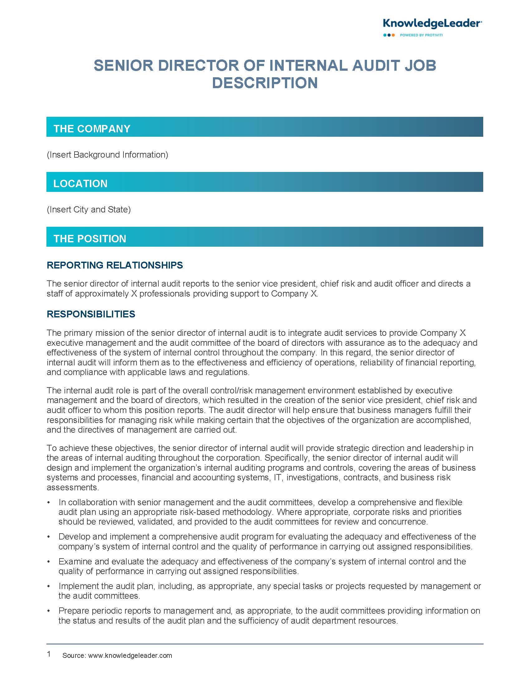 Screenshot of the first page of Senior Director of Internal Audit Job Description