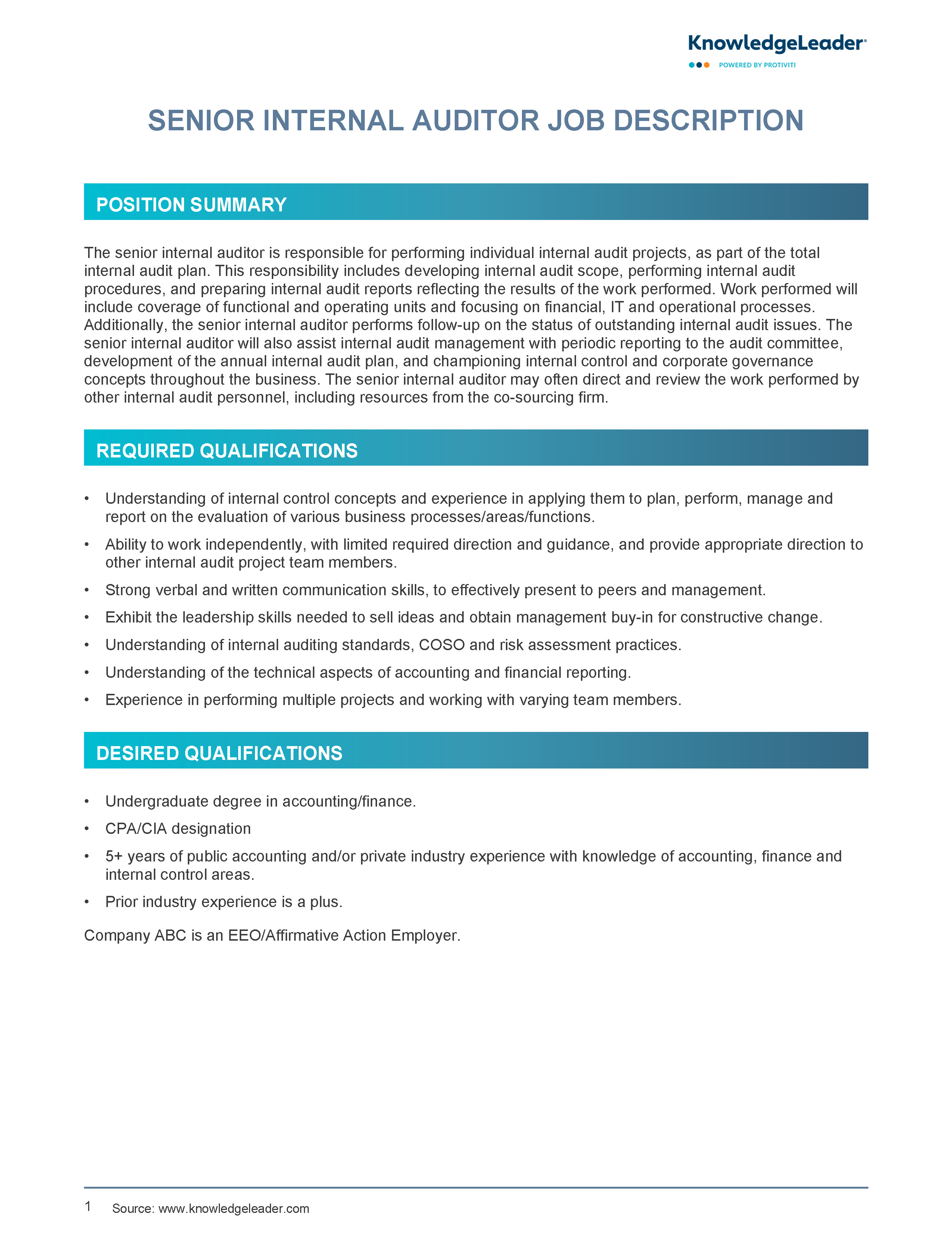 Screenshot of the first page of Senior Internal Auditor Job Description