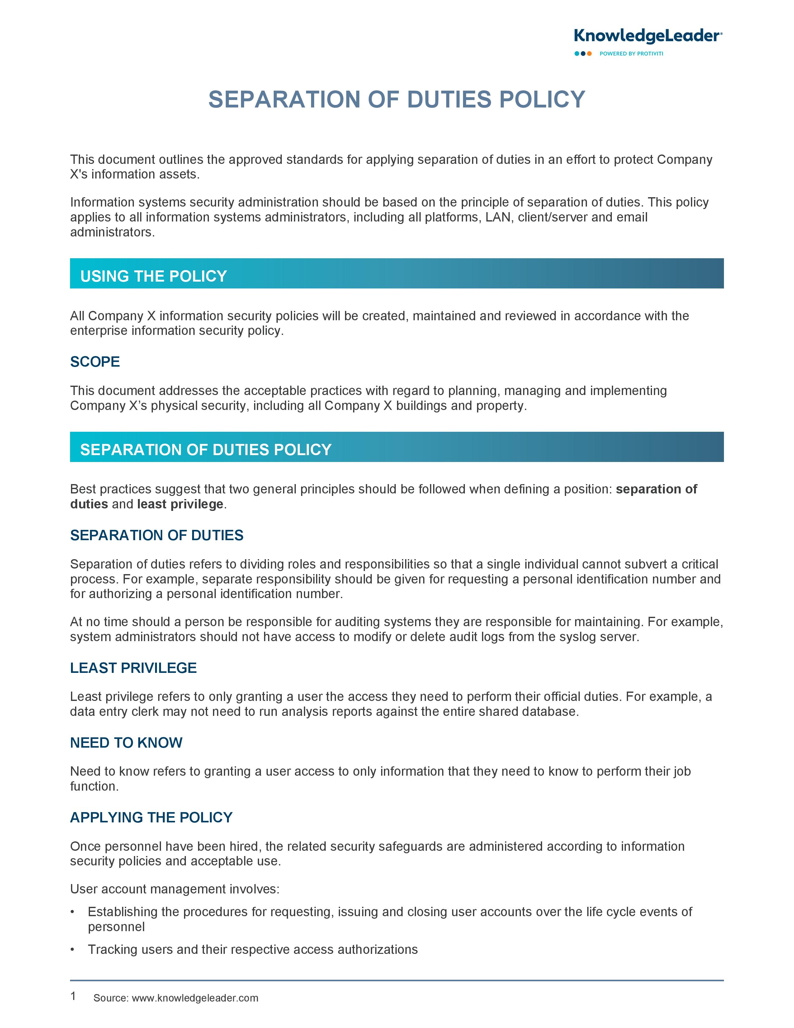 Screenshot of the first page of Separation of Duties Policy-page-001