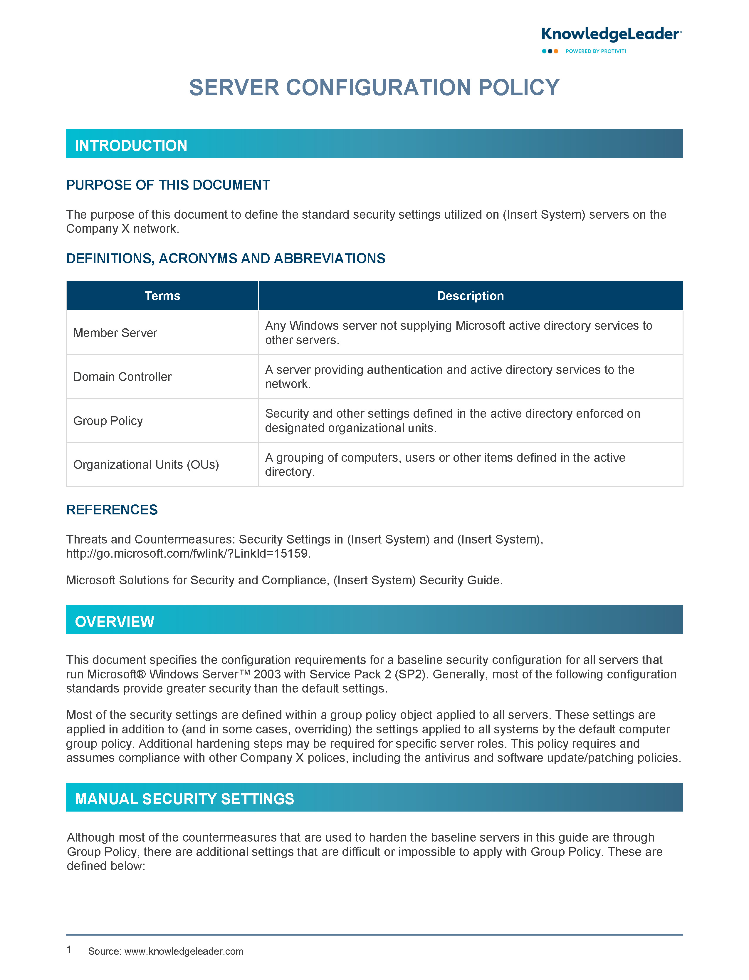 Screenshot of the first page of Server Configuration Policy