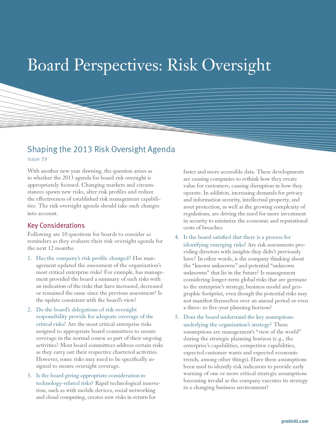 Screenshot of the first page of Shaping the 2013 Risk Oversight Agenda