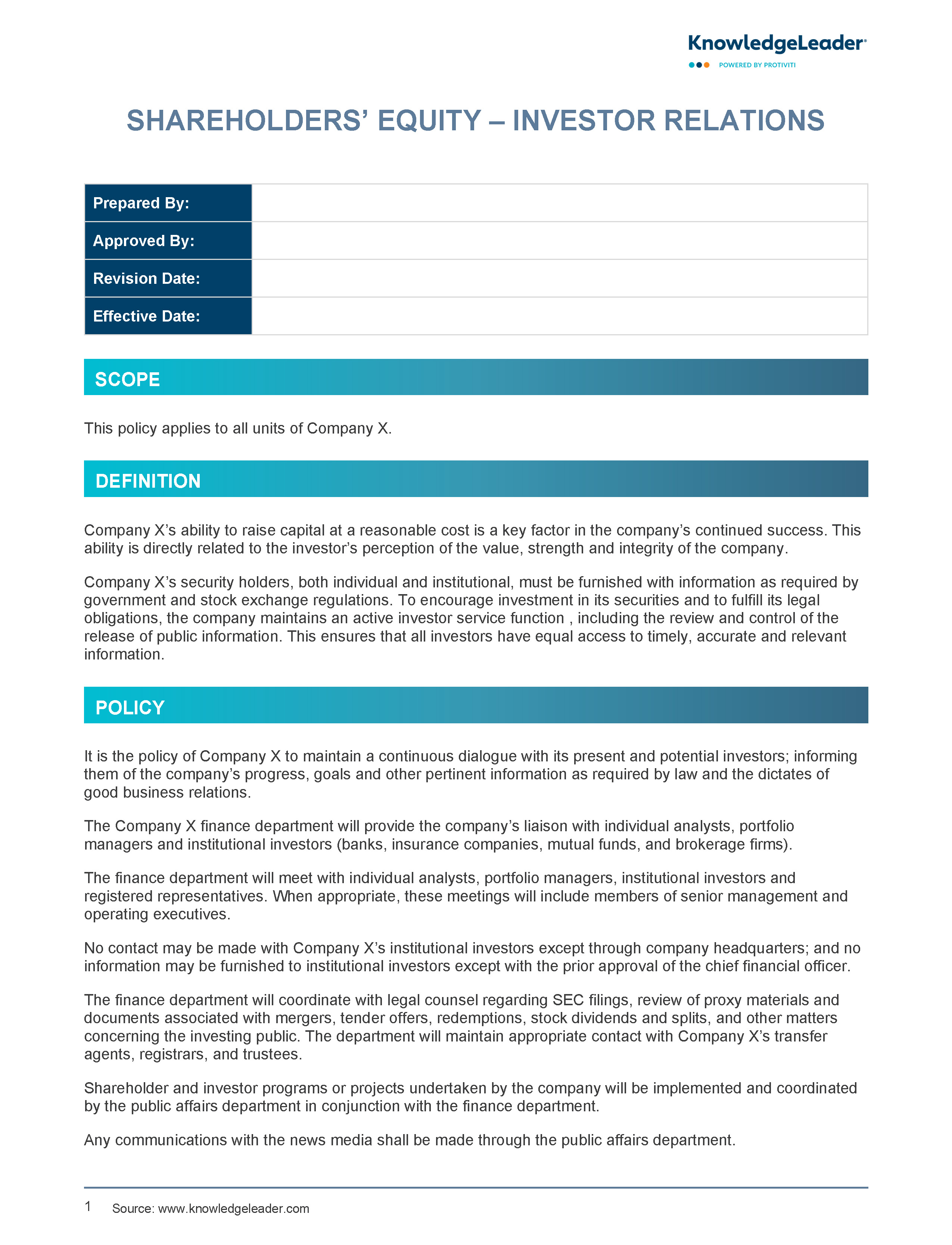 Screenshot of the first page of Shareholder’s Equity – Investor Relations Policy