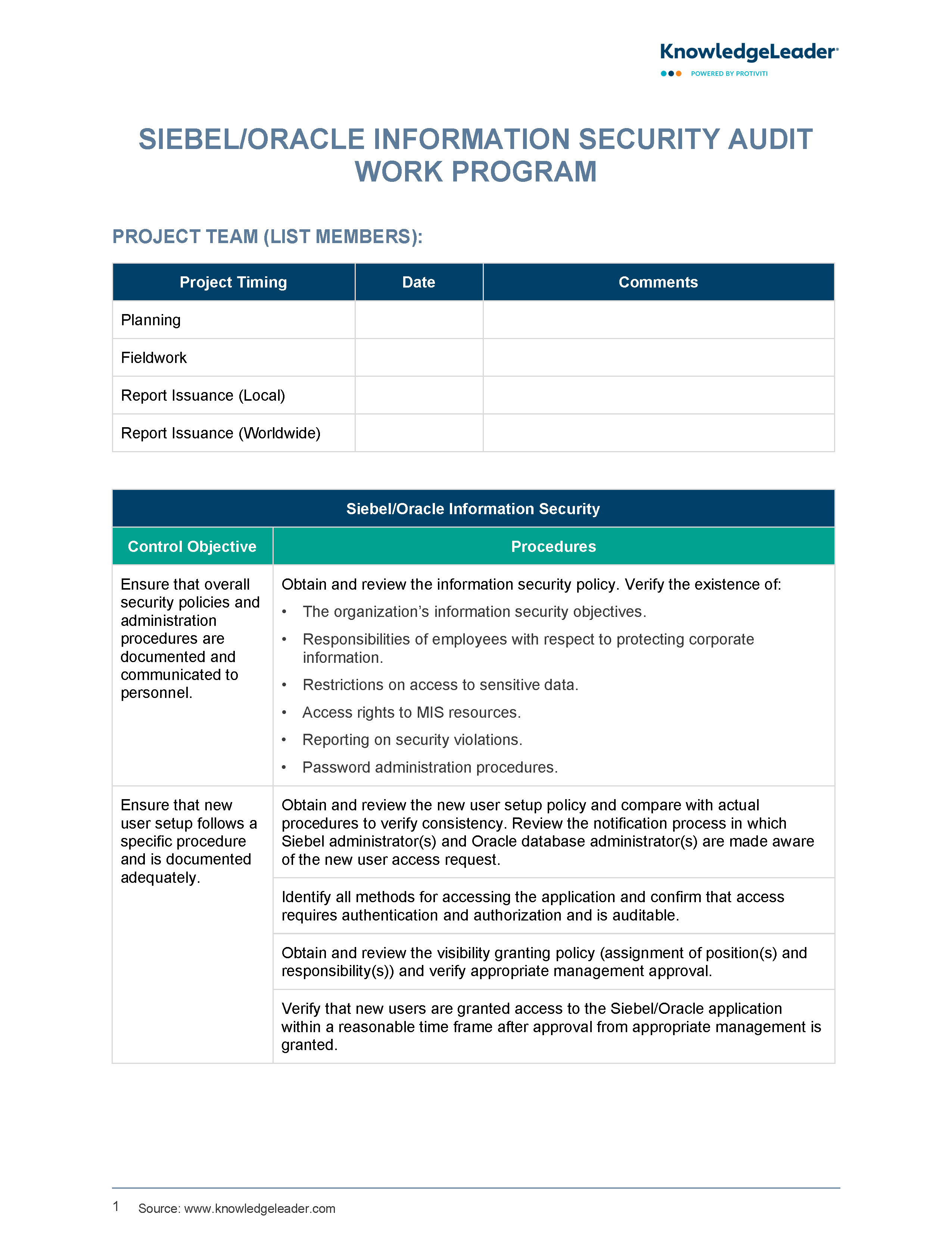 Screenshot of the first page of Siebel Oracle IS Work Program