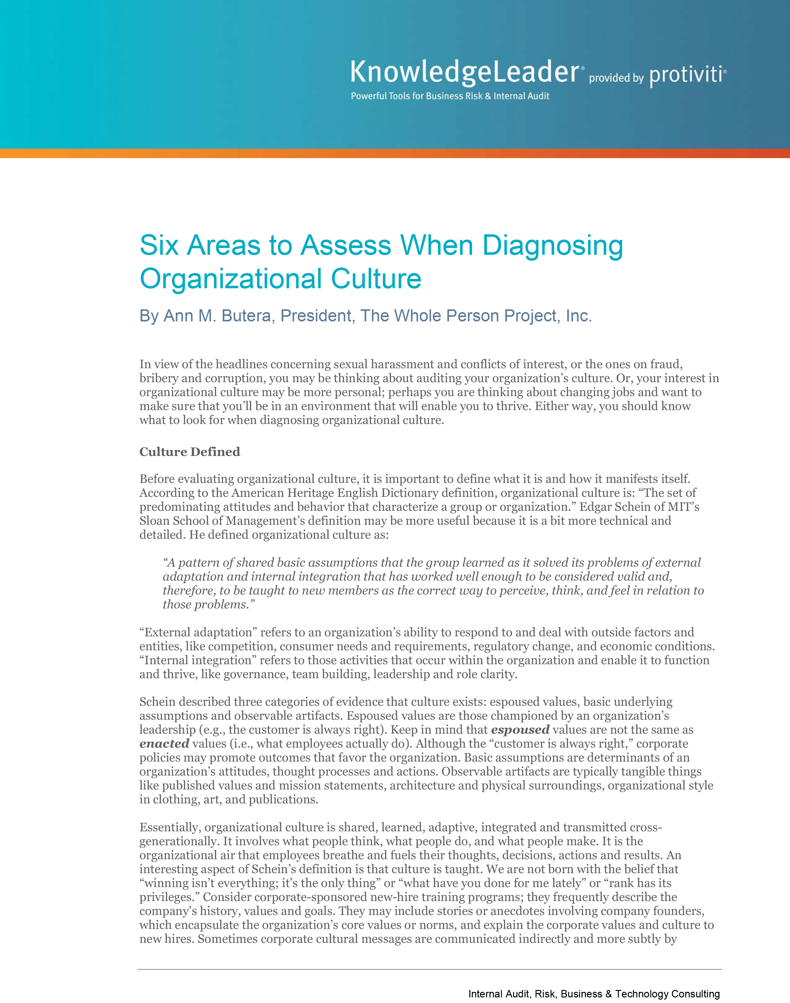 Screenshot of the first page of Six Areas to Assess When Diagnosing Organizational Culture