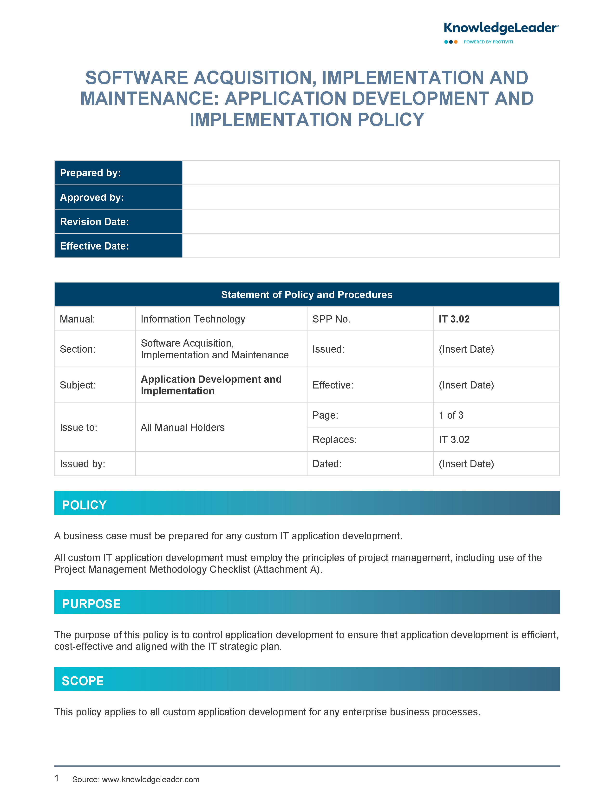 Screenshot of the first page of Software Acquisition, Implementation and Maintenance - Application Development and Implementation Policy