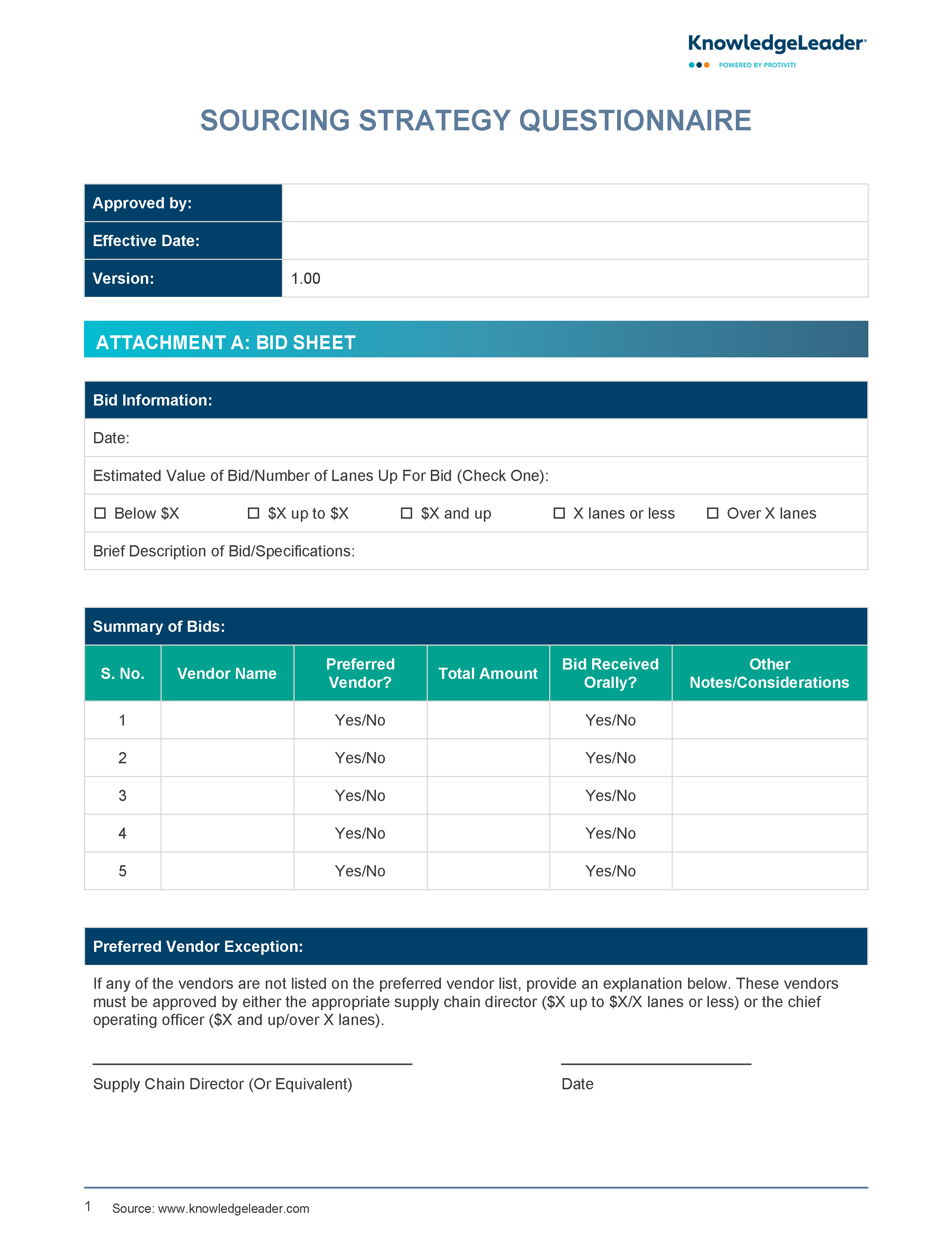 Screenshot of the first page of Sourcing Strategy Questionnaire