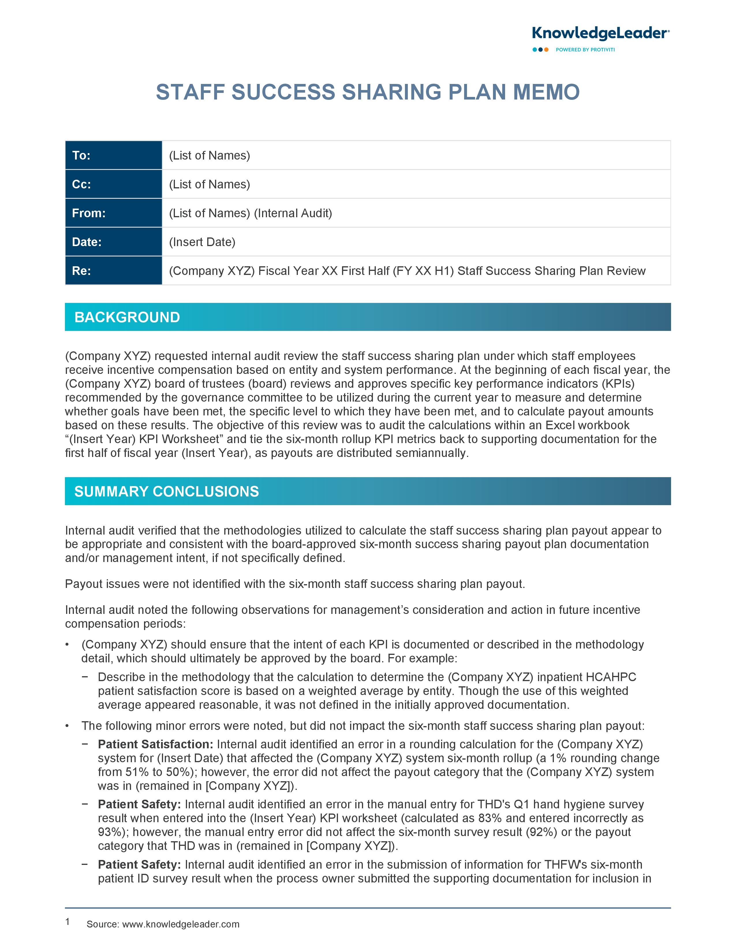 Screenshot of the first page of Staff Success Sharing Plan Memo