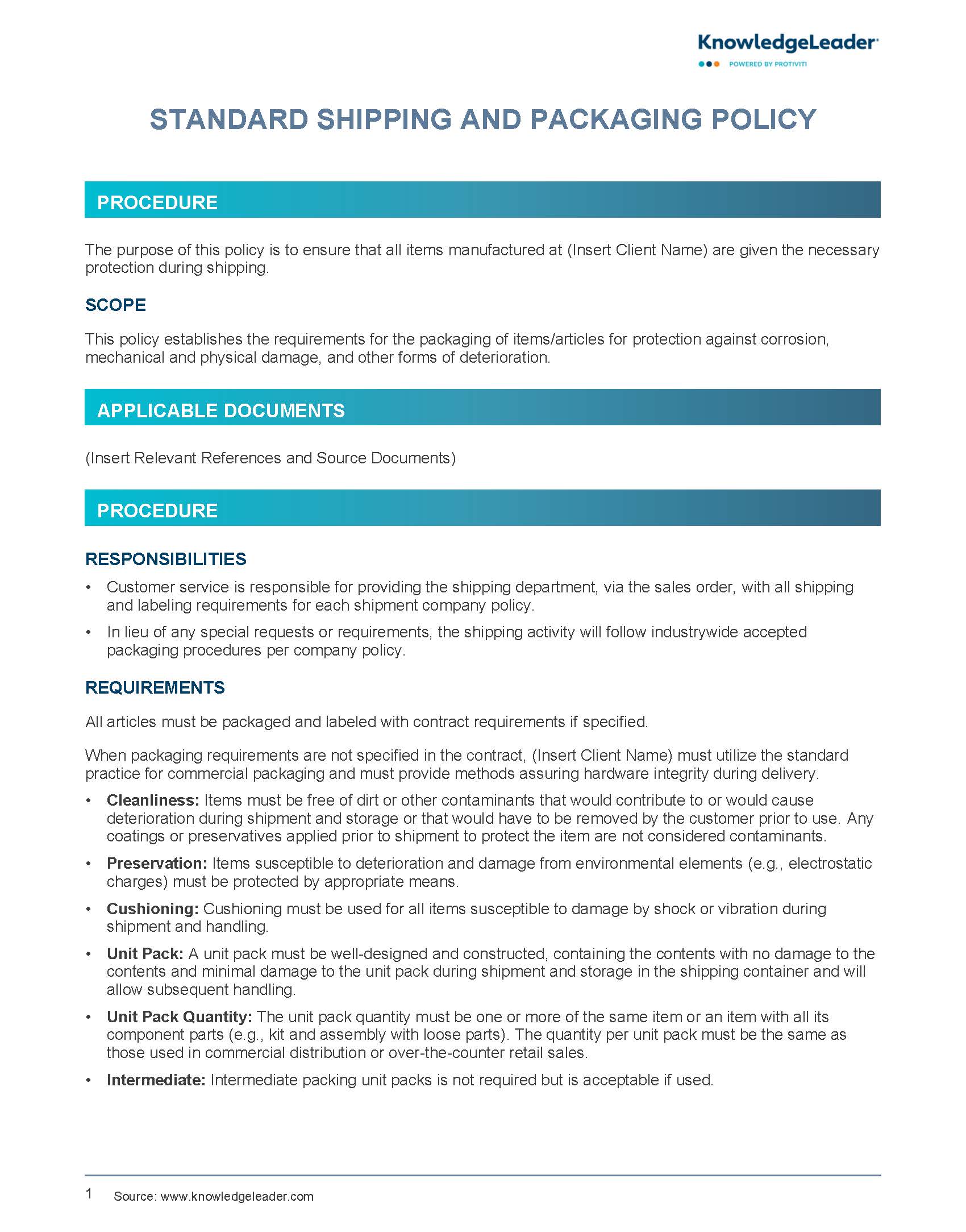 Screenshot of the first page of Standard Shipping and Packaging Policy