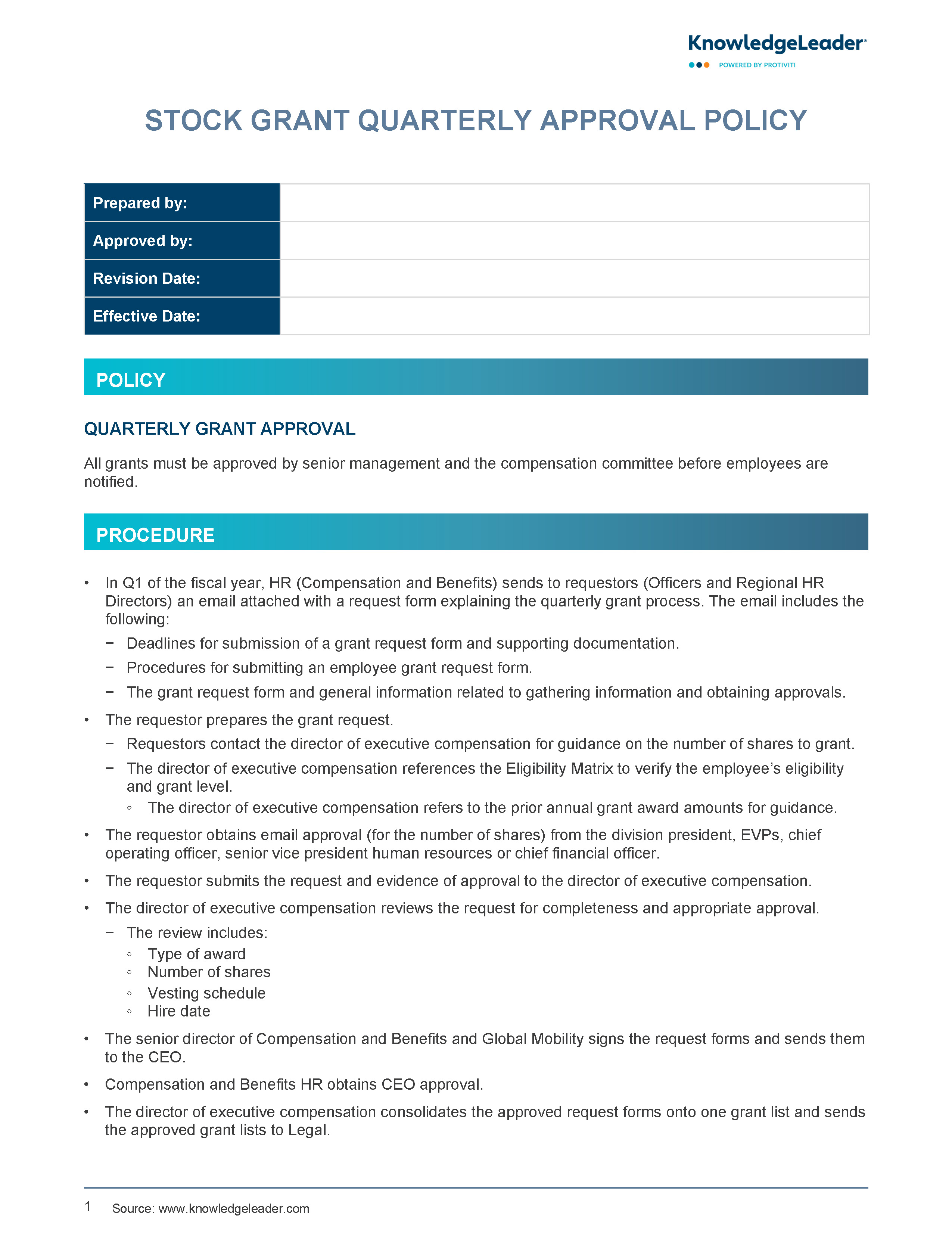 Screenshot of the first page of Stock Grant Quarterly Approval Policy